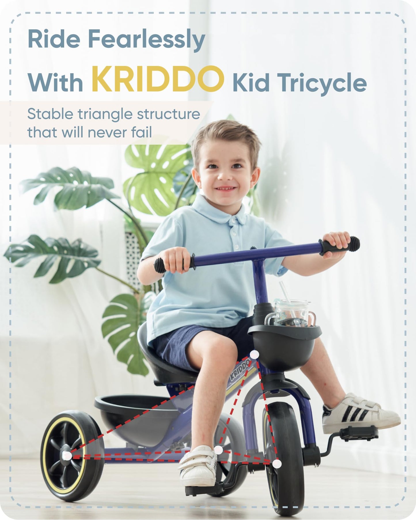 KRIDDO Toddler Tricycle — Anti-Tip Design, BPA-Free | Ages 18 Months to 4 Years | Pink
