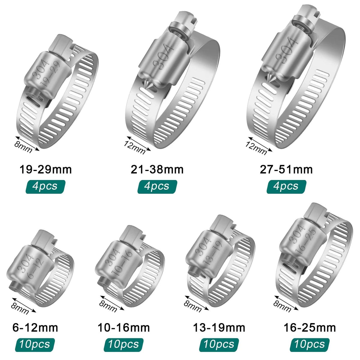 Hose Clips 141-165mm, 4 Pcs Hose Pipe Clips Stainless Steel 304