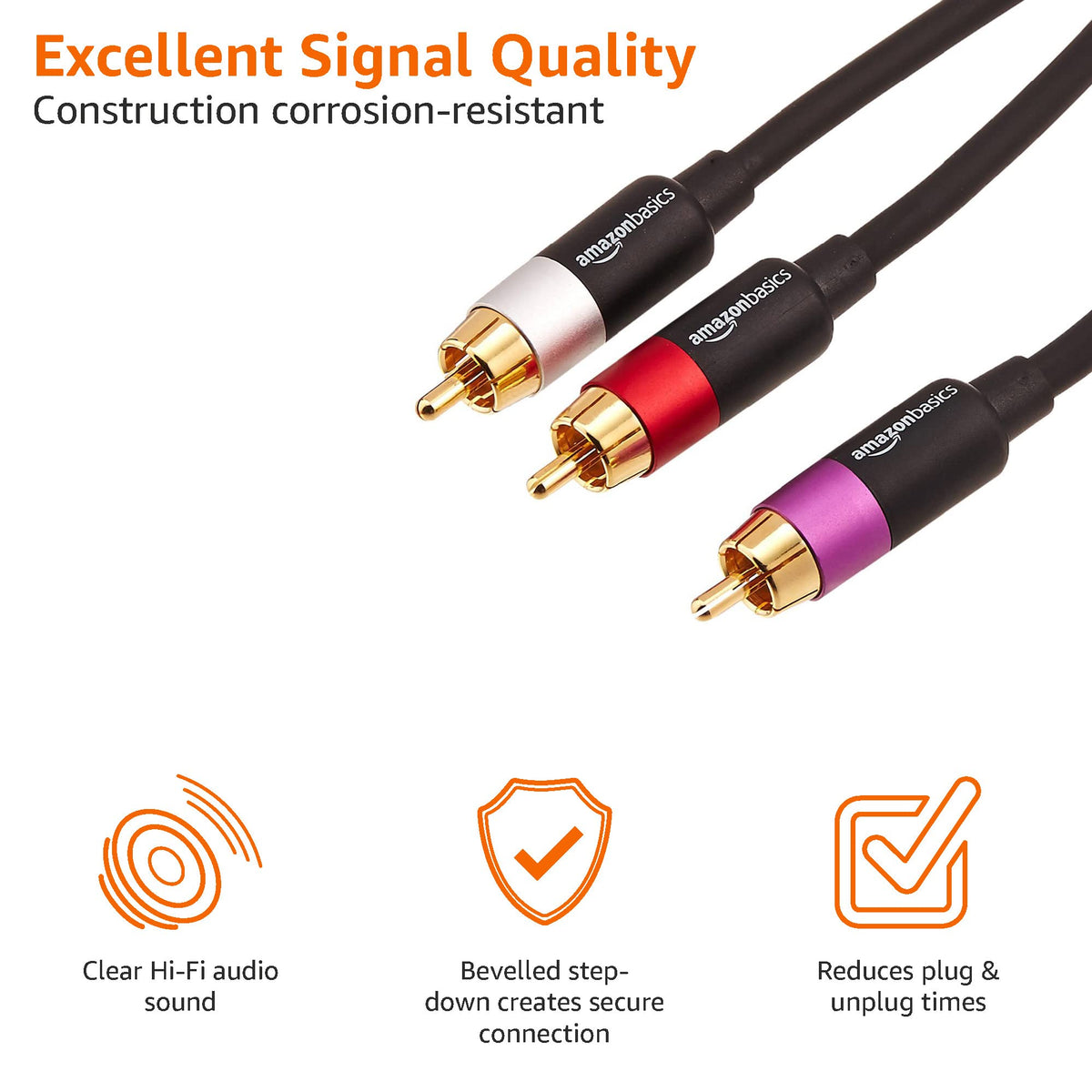 Amazon Basics 2 RCA Audio Cable for Amplifier,Active Speakers or Subwoofer with Gold-Plated Plugs, 4.6 m, Black
