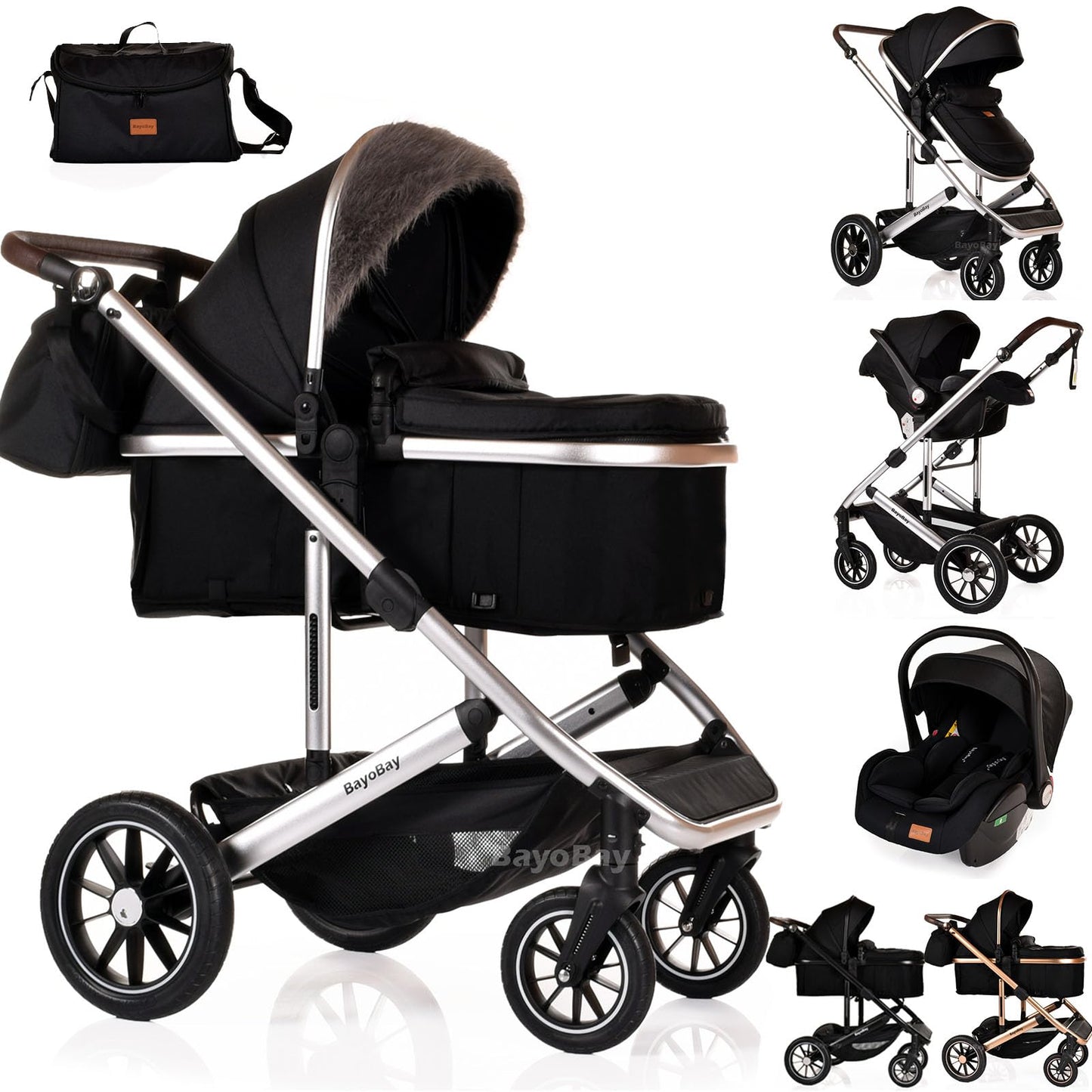 3 in 1 Baby Pram Travel System with Car Seat Lightweight Buggy Foldable Pushchair for Newborn and Toddlers up to 22kg NEW 2025 Style (Black - Gold)
