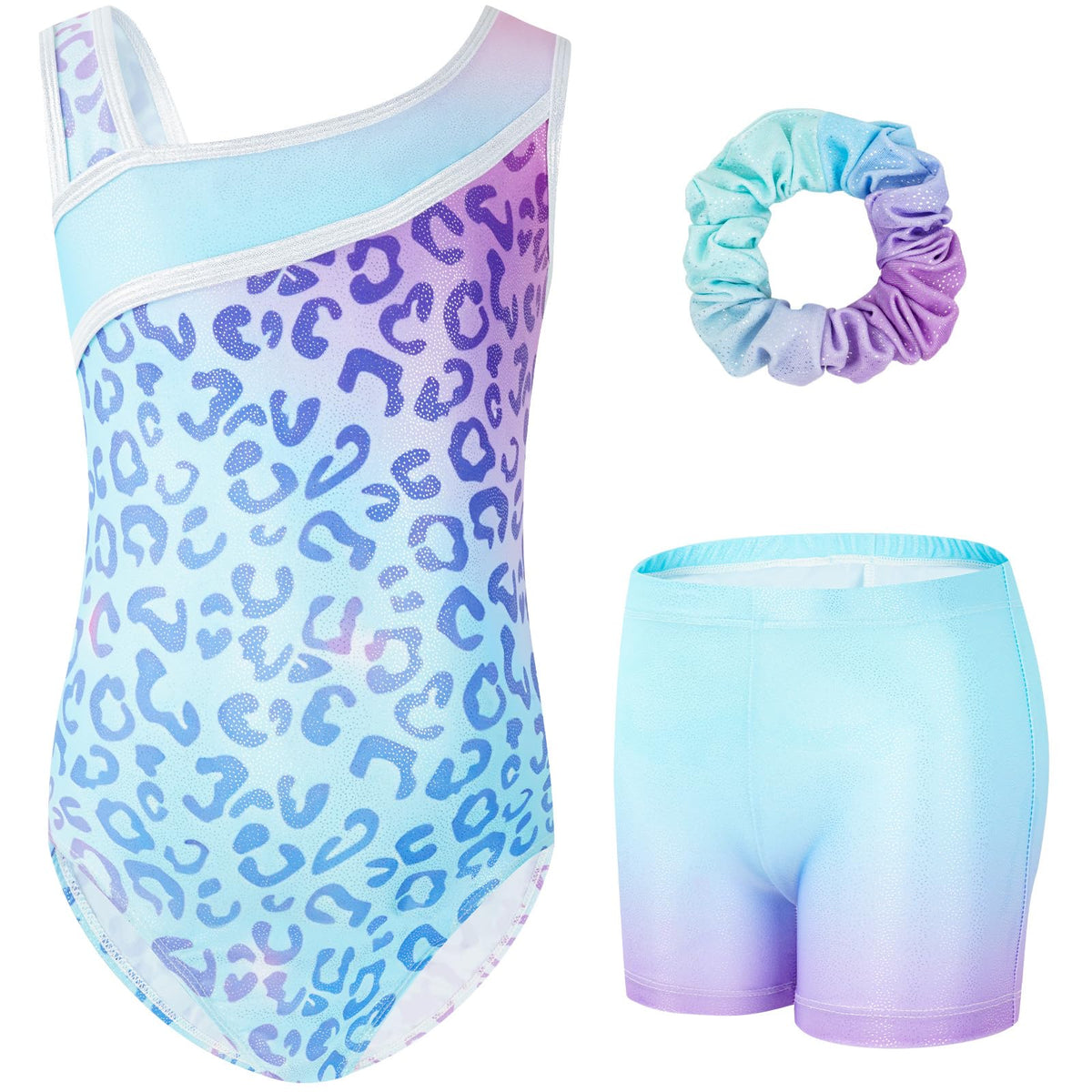 Gogokids Girls' Three-Piece Gymnastics Set, Sleeveless Leotards with Shorts and Hairband, Sparkling Ballet Dancing Unitards - Gymnastics Outfit with Gradient Color Design for 3-12 Years