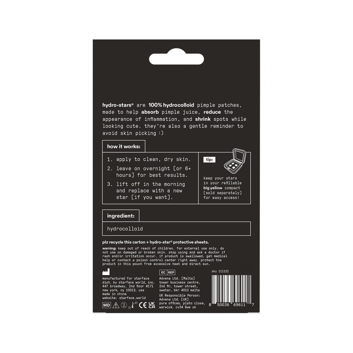 Starface Hydro-Star® Black Hydrocolloid Star-Shaped Pimple Patch, 96 ct