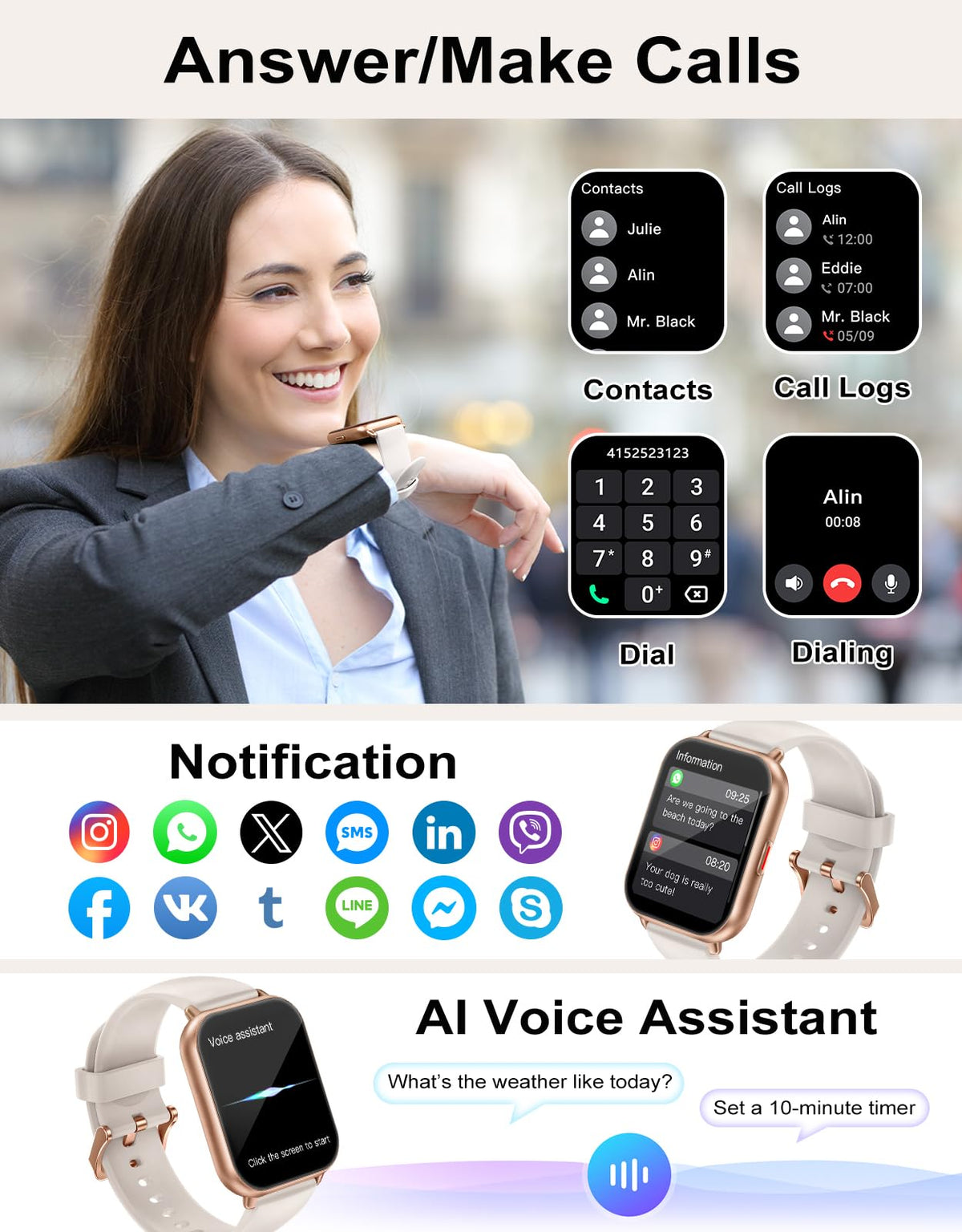 RUIMEN Smart Watch Answer Dial Call,Smart Watches for Women Men 1.85" HD Screen Fitness watch with SpO2 Heart Rate Sleep Monitor Step Counter Waterproof 100+ Sports Mode for Android iOS (2 Bands)