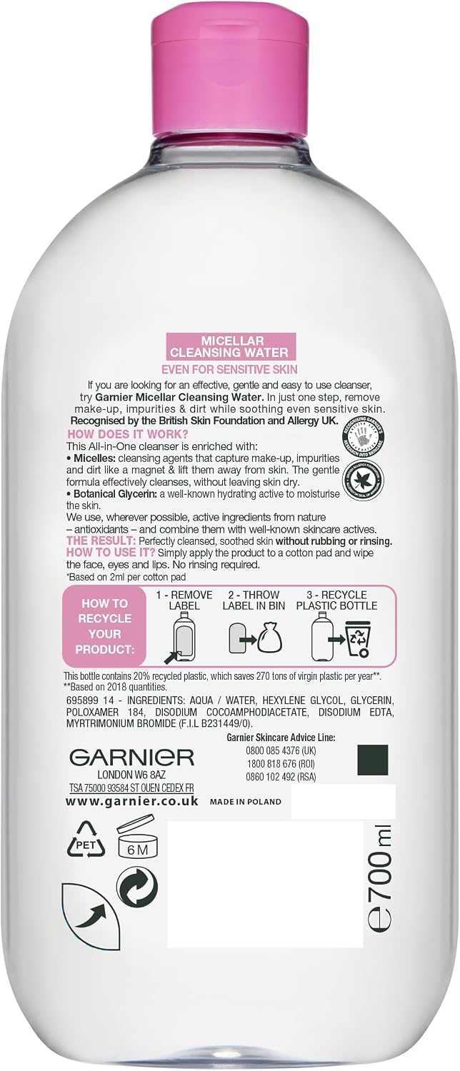 Garnier Micellar Water 700ml, All-in-One Face Cleanser & Makeup Remover
