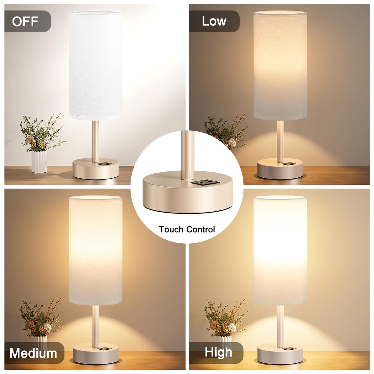 Aooshine Grey Table Lamp, 3-Way Dimmable, USB A + C Charging