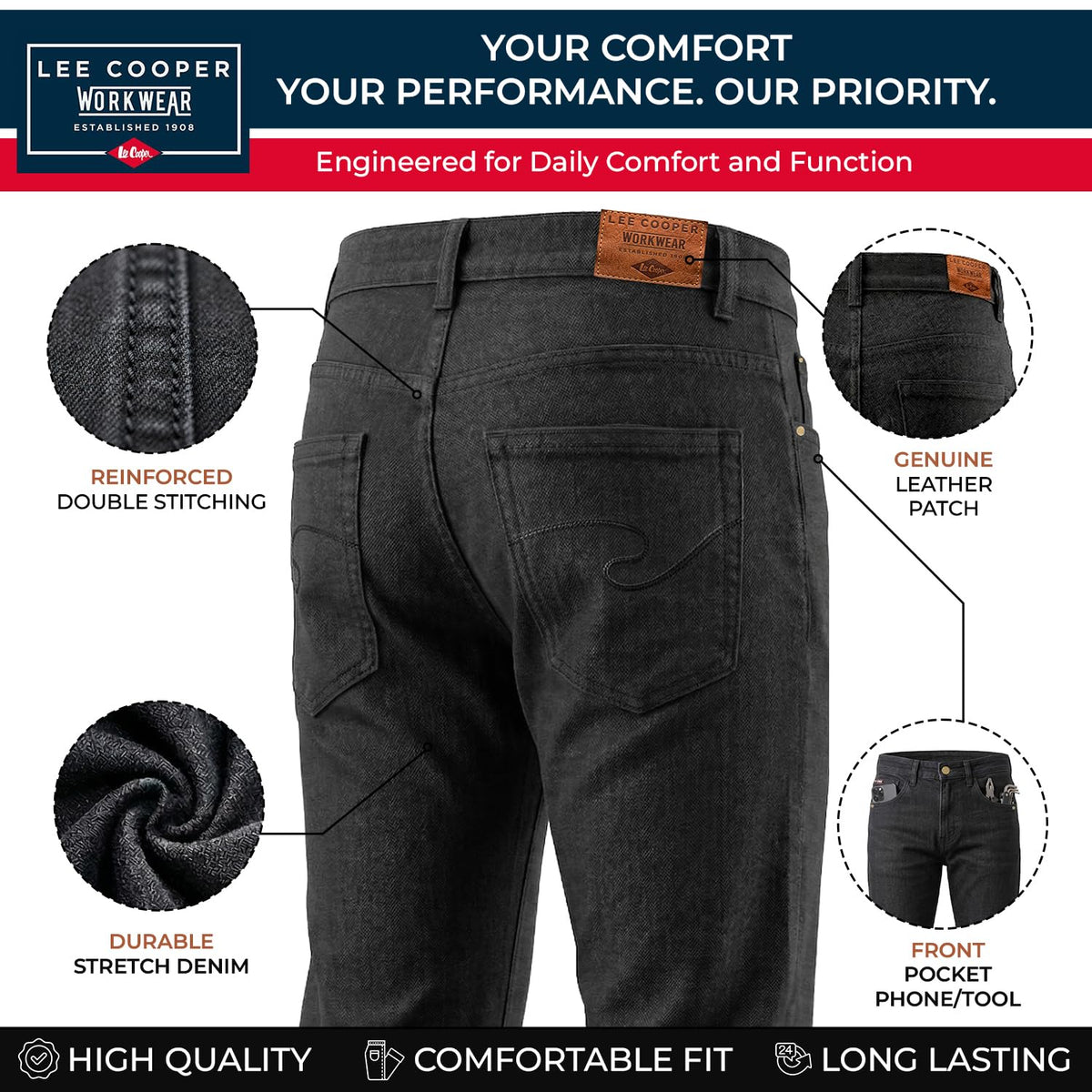 Lee Cooper Men's Jeans Classic Regular Fit with 5 Pockets Design Zip Fly & Belt Loop Heavy Duty Denim Wash Stretch Plain Casual Workwear Durable Utility Straight Leg Work Pants (Black/Navy)