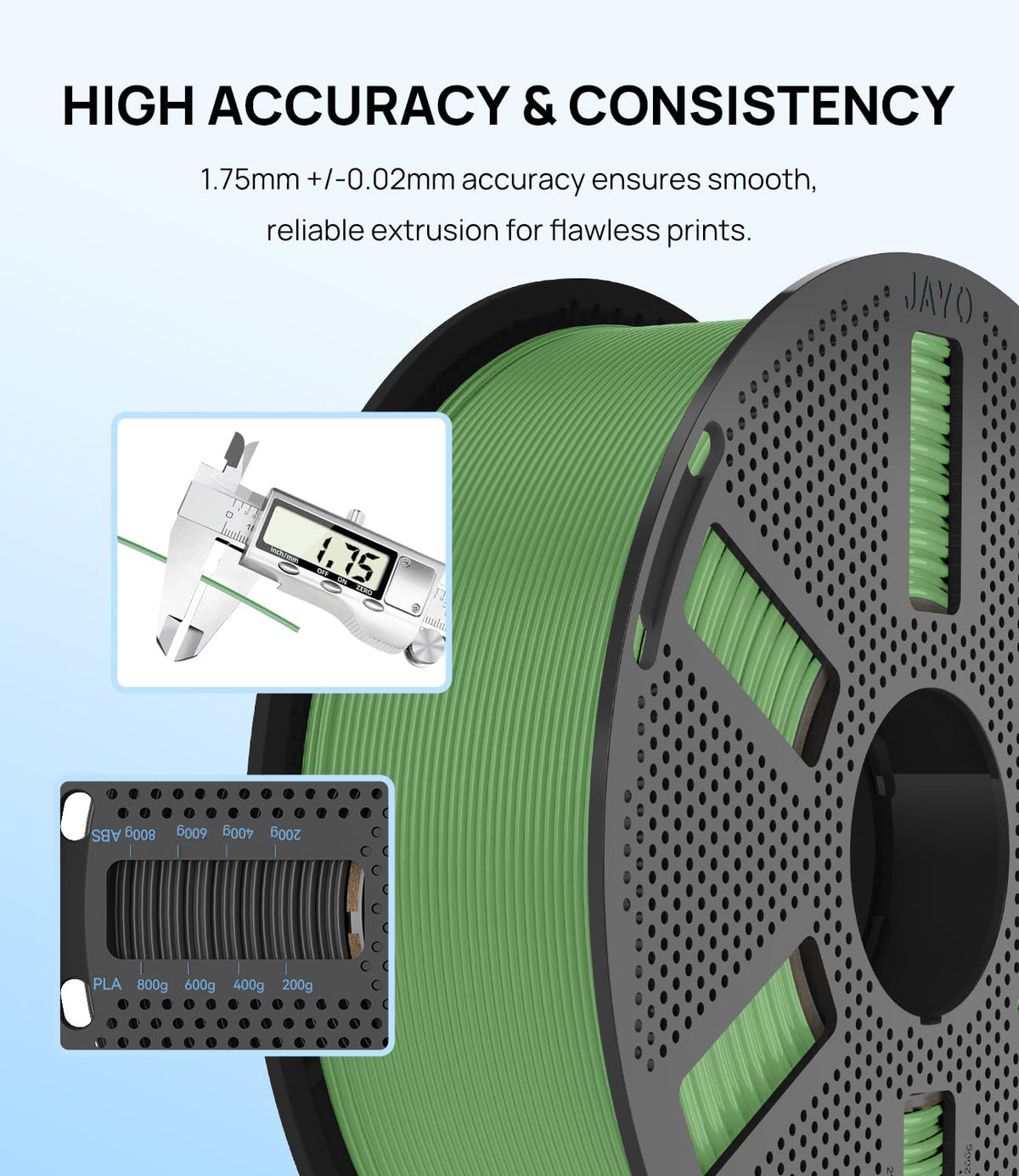 JAYO PLA 3D Printer Filament 1.1KG Black, PLA Filament 1.75mm, Dimensional Accuracy +/- 0.02mm, Neatly Wound Filament, Fits Most FDM Printer.