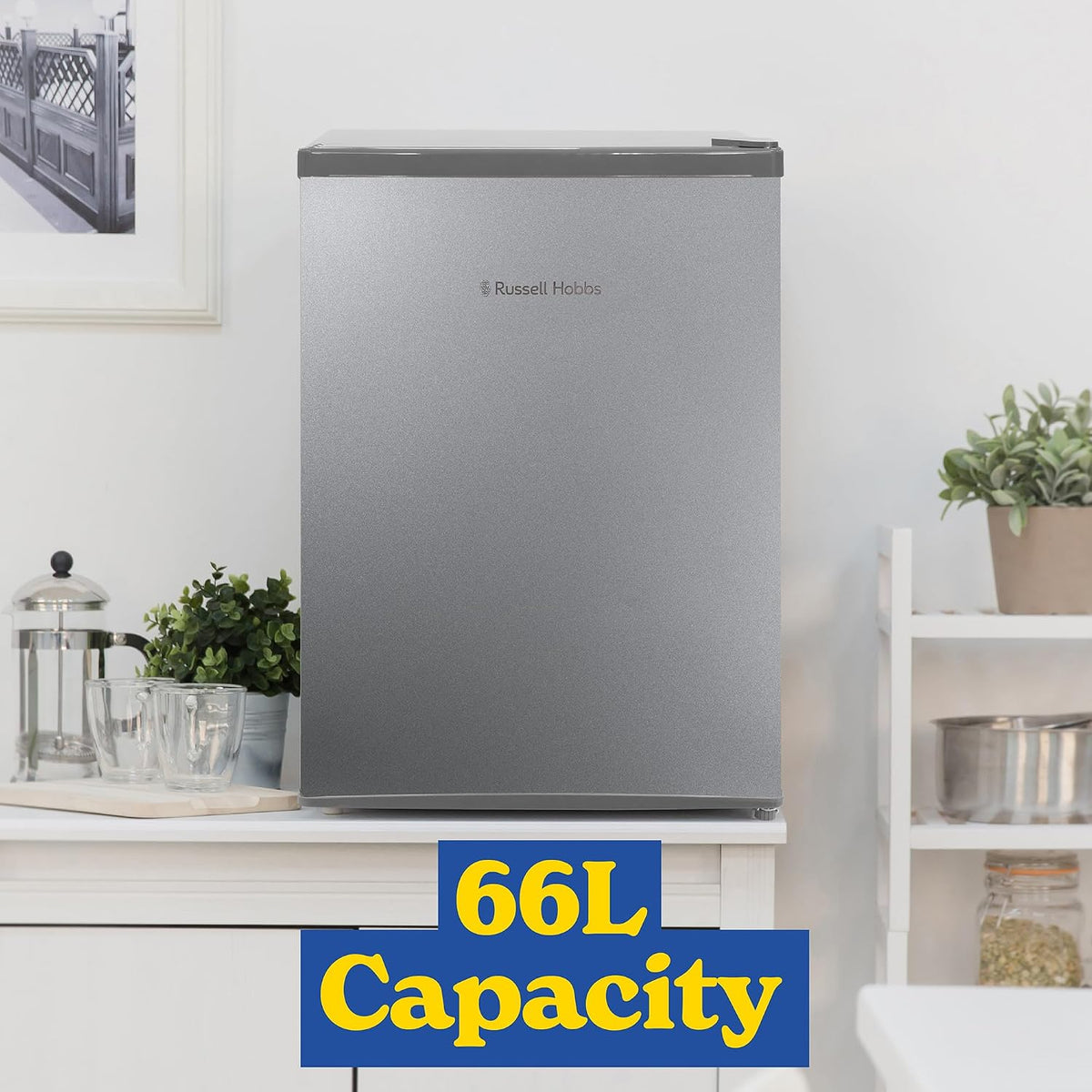Russell Hobbs Table Top Larder Mini Fridge 66L Capacity, Reversible Door & Adjustable Feet, 0 to 8 Degrees Manual Temperature Control, Silver RH67TTLF0E1SS