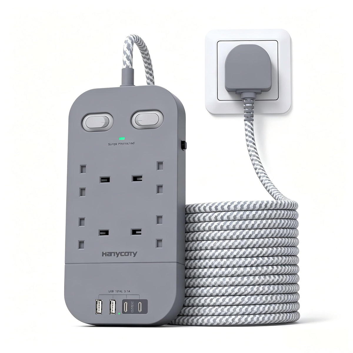 5M Extension Lead Surge Protected, 4 Way Outlets with 2 USB C & 2 USB A