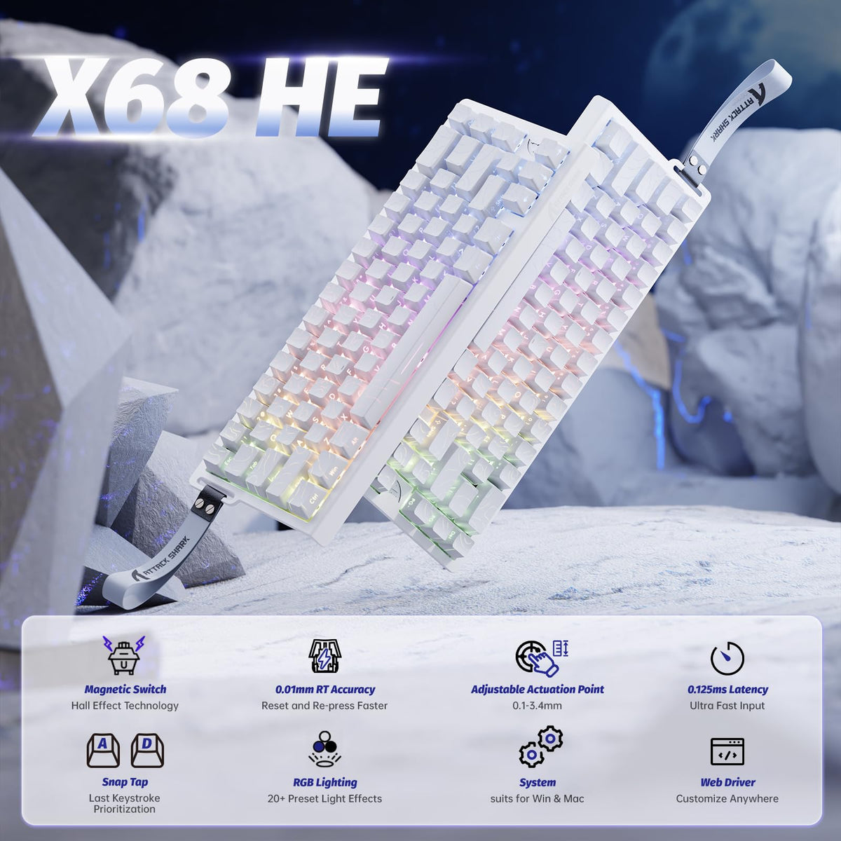 ATTACK SHARK X68 HE 8000Hz Rapid Trigger Keyboard, 0.01mm RT Accuracy Wired Gaming Keyboard with Magnetic Switch, Adjustable Actuation, Rapid Trigger, Snap Tap, RGB Lighting for PC/Mac, Black