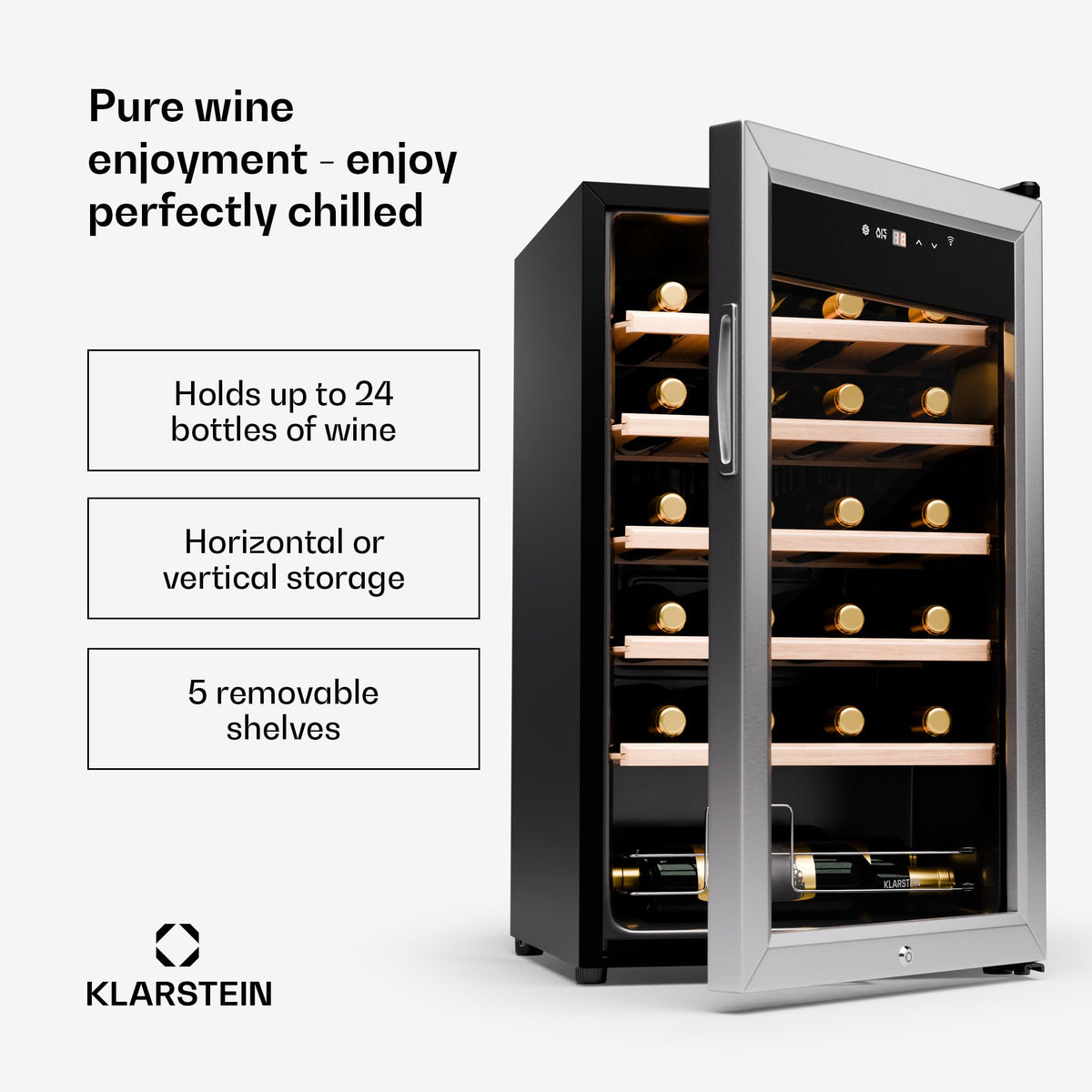 KLARSTEIN Shiraz Wine Cooler Black – 8 Bottles, 1 Zone | Freestanding Wine Fridge with Glass Door, Quiet, 5–18 °C, LED, Stainless Steel Frame