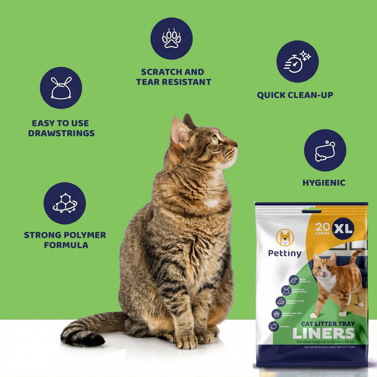 Pettiny 20 XL Cat Litter Tray Liners with Drawstrings Scratch Resistant Bags for Extra Large Litter Box