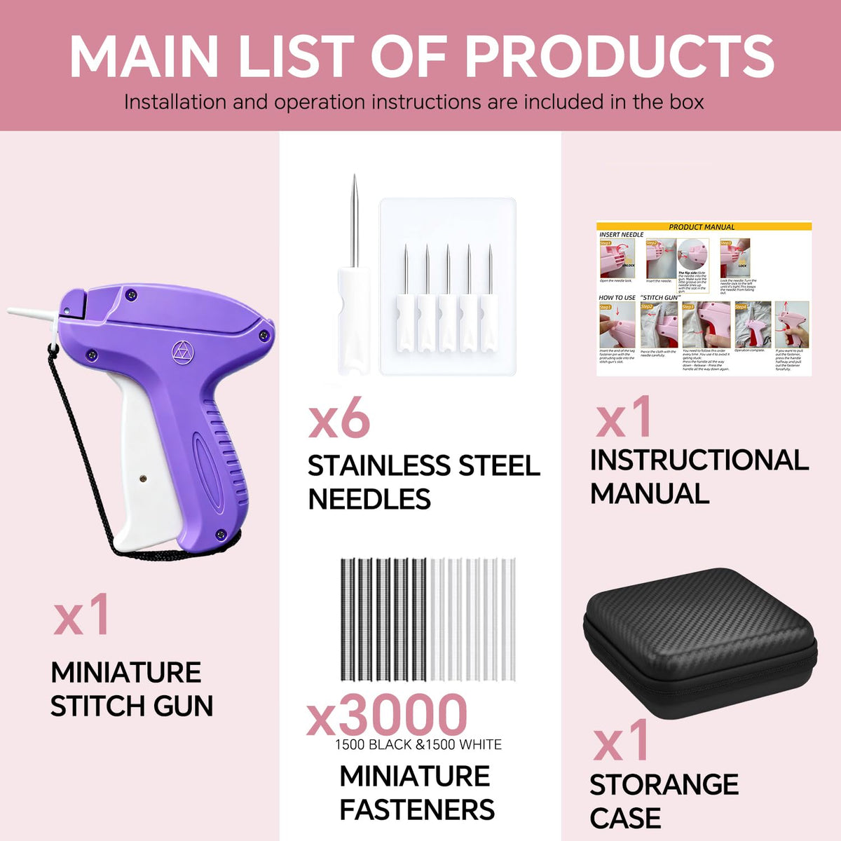 Stitchy Quick Clothing Fixer, Mini Stitch Gun for Clothes, Clothing Stitch Tagging Gun with Case,Stitchy Tool with 6 Needles,1500 Black & 1500 White 5mm Micro Fasteners