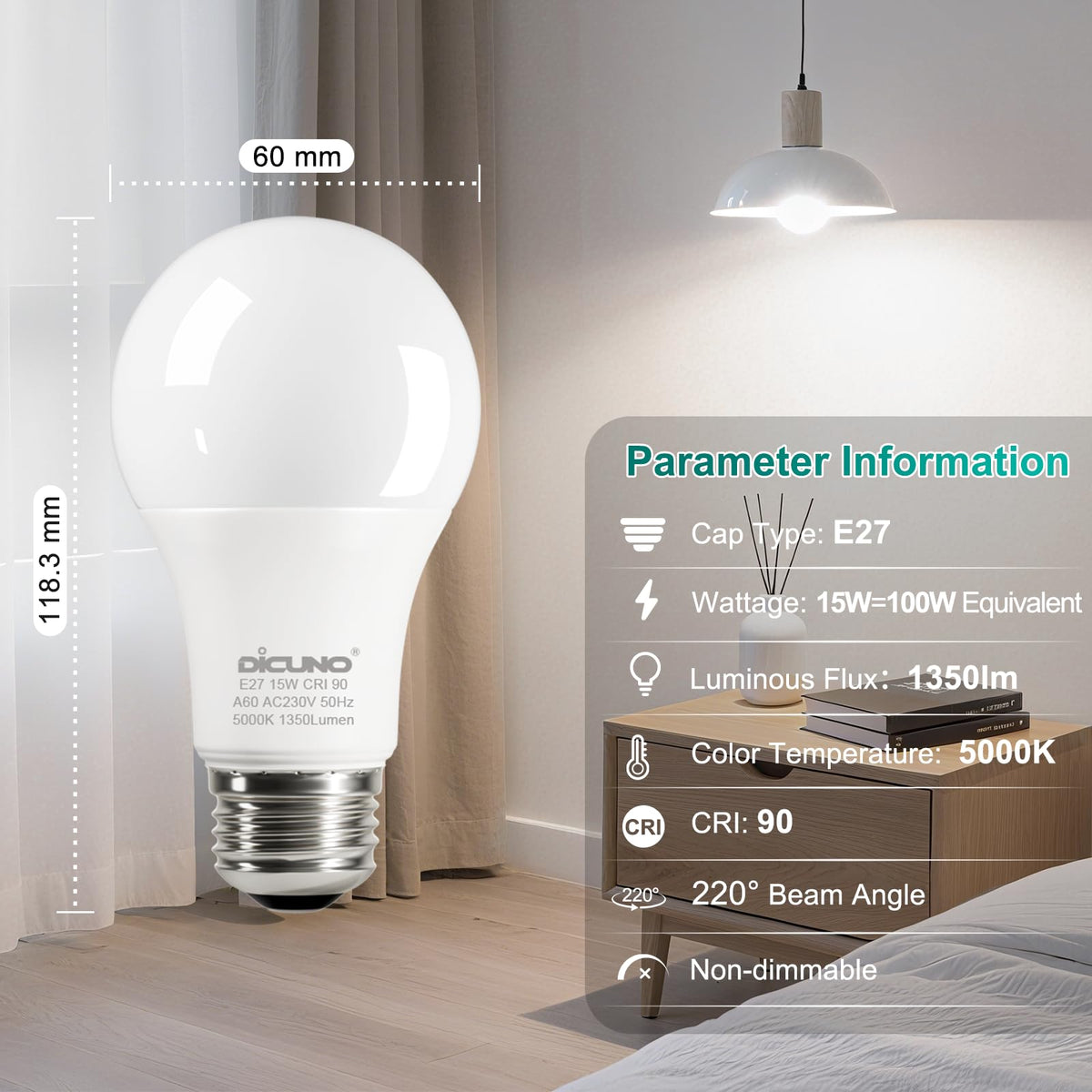 DiCUNO E27 Screw LED Bulb, 9W=60W, Daylight White 5000K, 806LM, 2Pcs