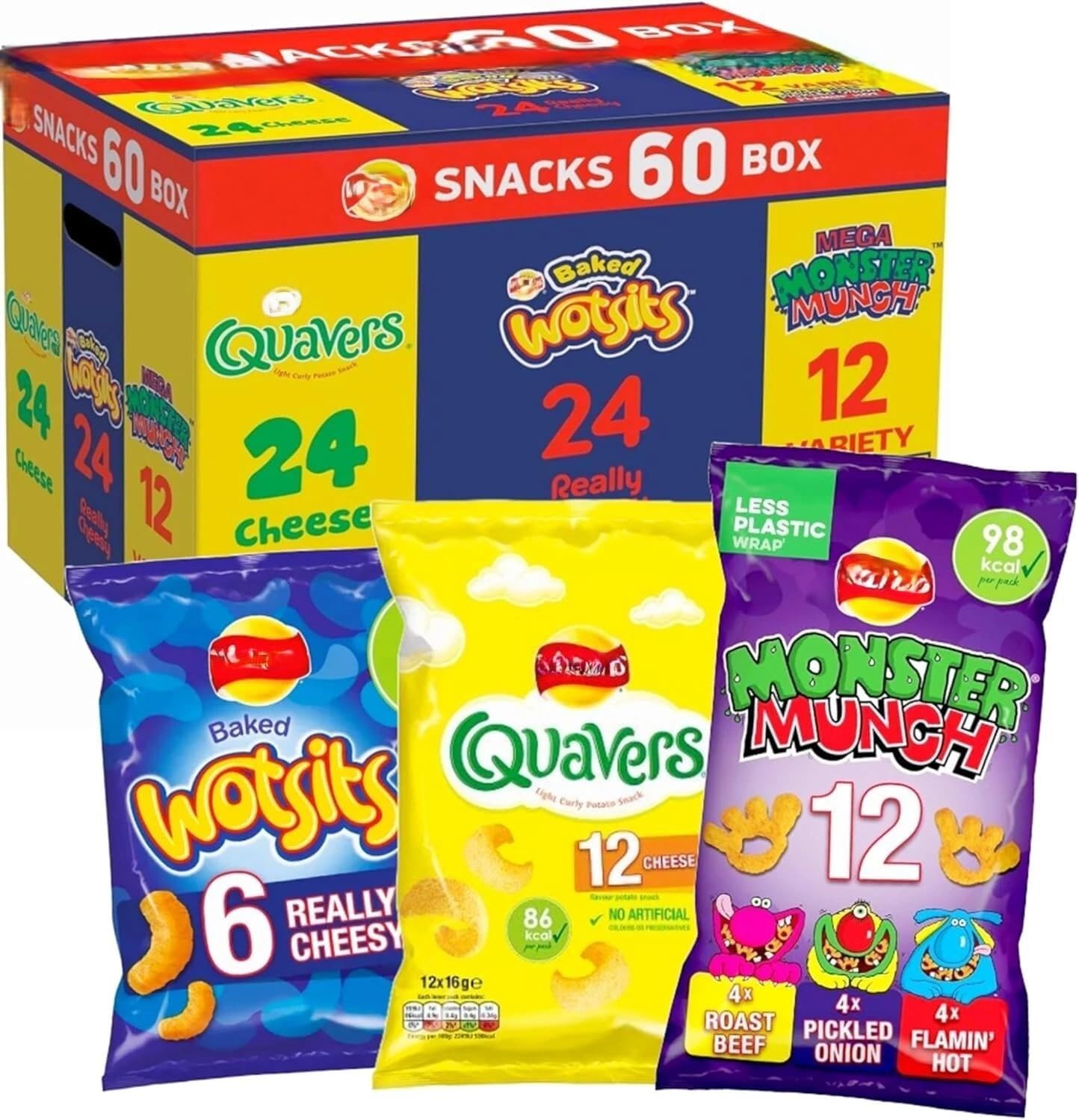 Waakers Crispy Snack Variety Box | 60 Pack | 24 Cheese Quavers | 24 Really Cheesy Wotsits | 12 Variety Monster Munch