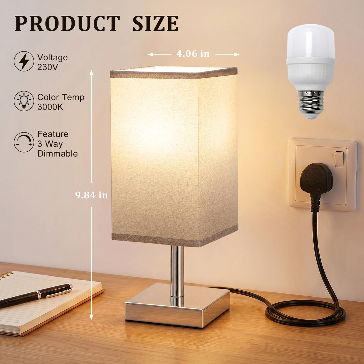 White Table Lamp for Bedroom, Small Bed Lamp with for Bedroom, Silver Base(Bulb Included)