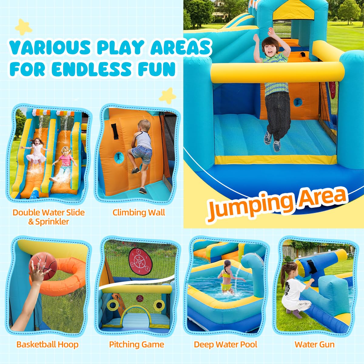 Inflatable Bouncy Castle with Slide Trampoline and Ball Pit, Bounce House Indoor Outdoor with Air Blower for Toddler Garden Park Backyard Party Wedding Birthday Gift, 470 x 400 x 220 cm