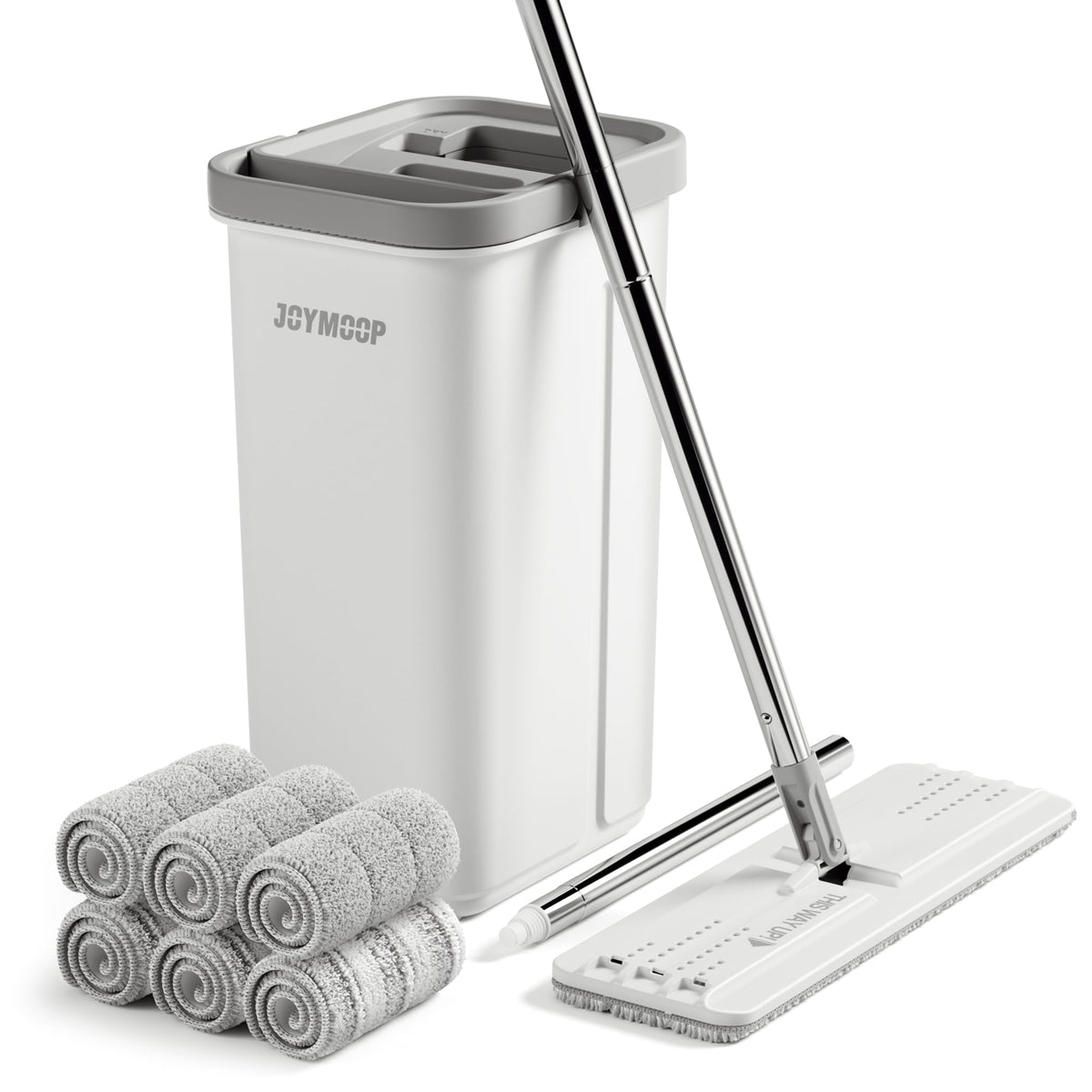JOYMOOP Mop and Bucket with Wringer Set, Hands Free Flat Floor Mop and Bucket, with 3 Washable Microfiber Pads, Wet and Dry Use, Floor Cleaning System