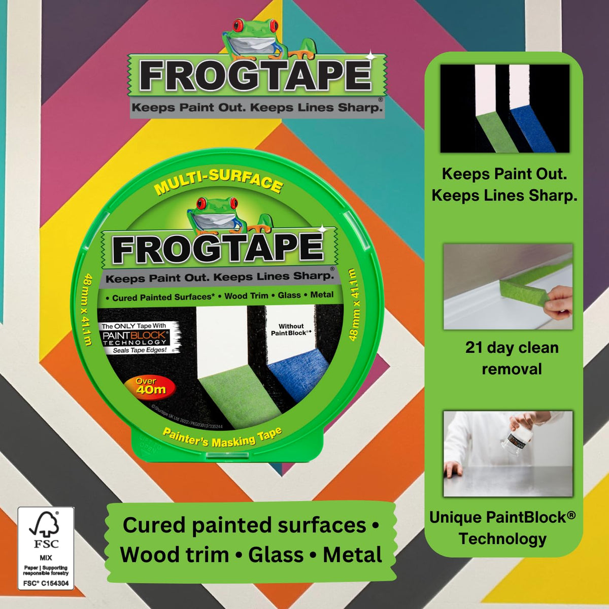 Frog Tape Green Multi Surface Painters Masking Tape, Indoor Painting and Decorating For Sharp Lines and No Paint Bleed 24mm x 55m