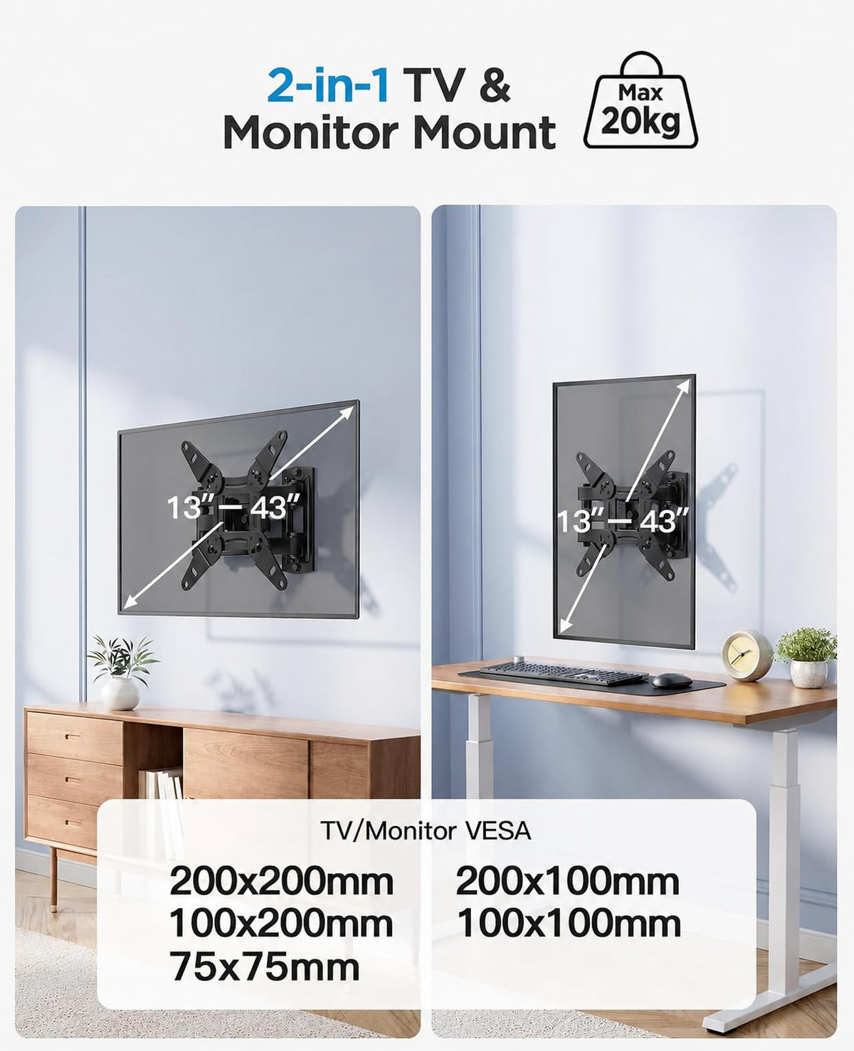 PERLESMITH TV Wall bracket for most 26-60 inch Plasma & Curved TV up to 35kg, Universal TV Bracket Wall Mount with Tilt Swivel Extension, Max VESA 400x400mm
