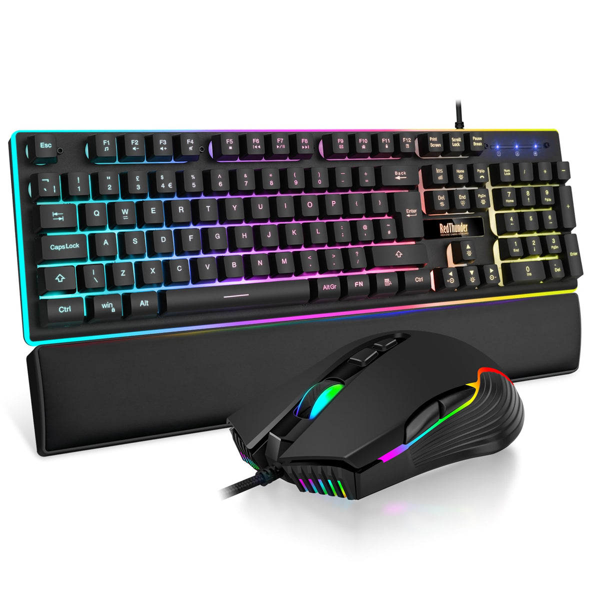 RedThunder K10 Wired Gaming Keyboard and Mouse Combo, UK Layout, True RGB Backlight, Soft Leather Wrist Rest, Ergonomic Anti-Ghosting Keyboard + 7D 7200 DPI Mouse for PC Mac (Gradient Gray)