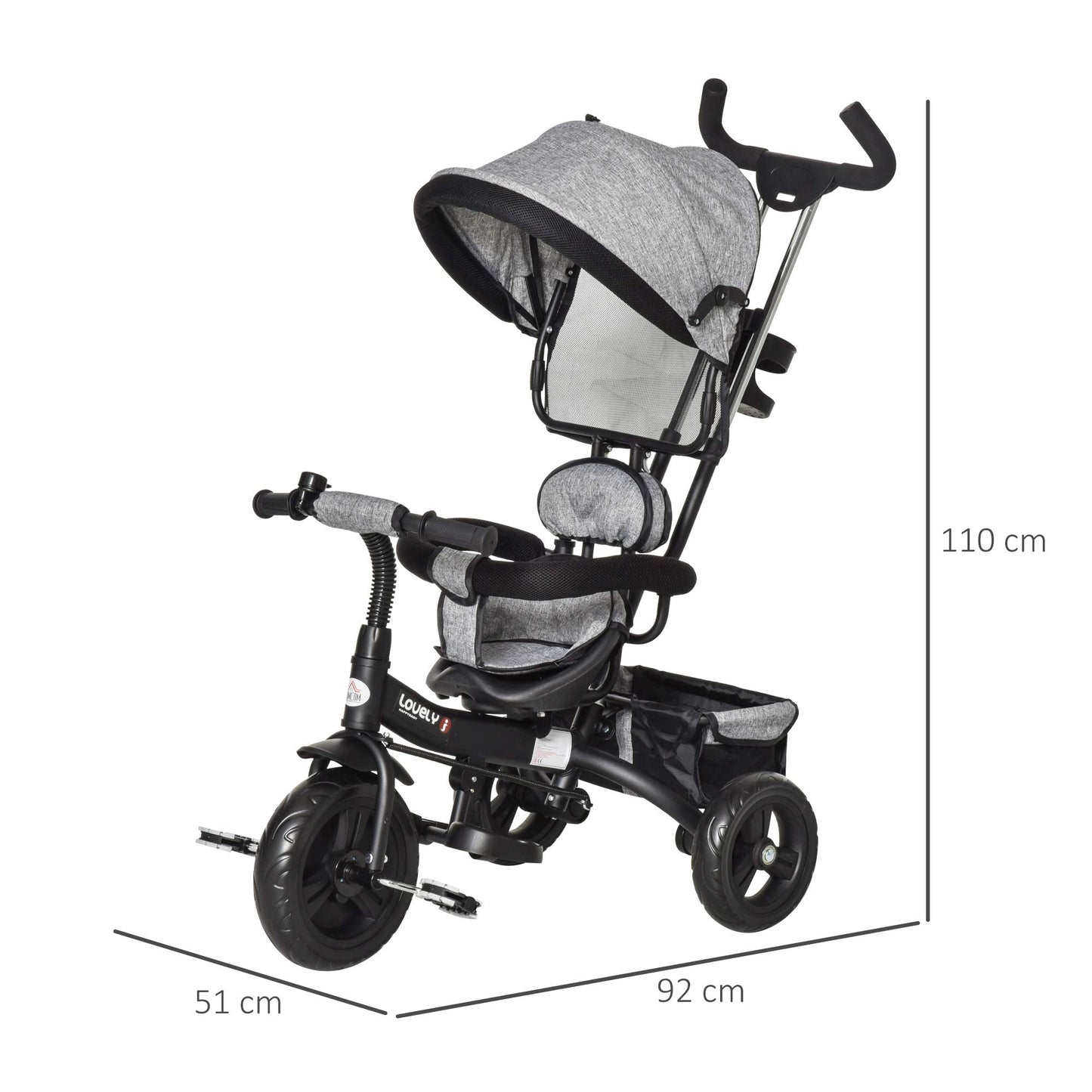HOMCOM 4 in 1 Tricycle for Kids Toddler Trike with Parent Handle Push Along Pedal Trike Removable Canopy Safety Belt Storage Footrest for 18 Months to 5 Years Grey