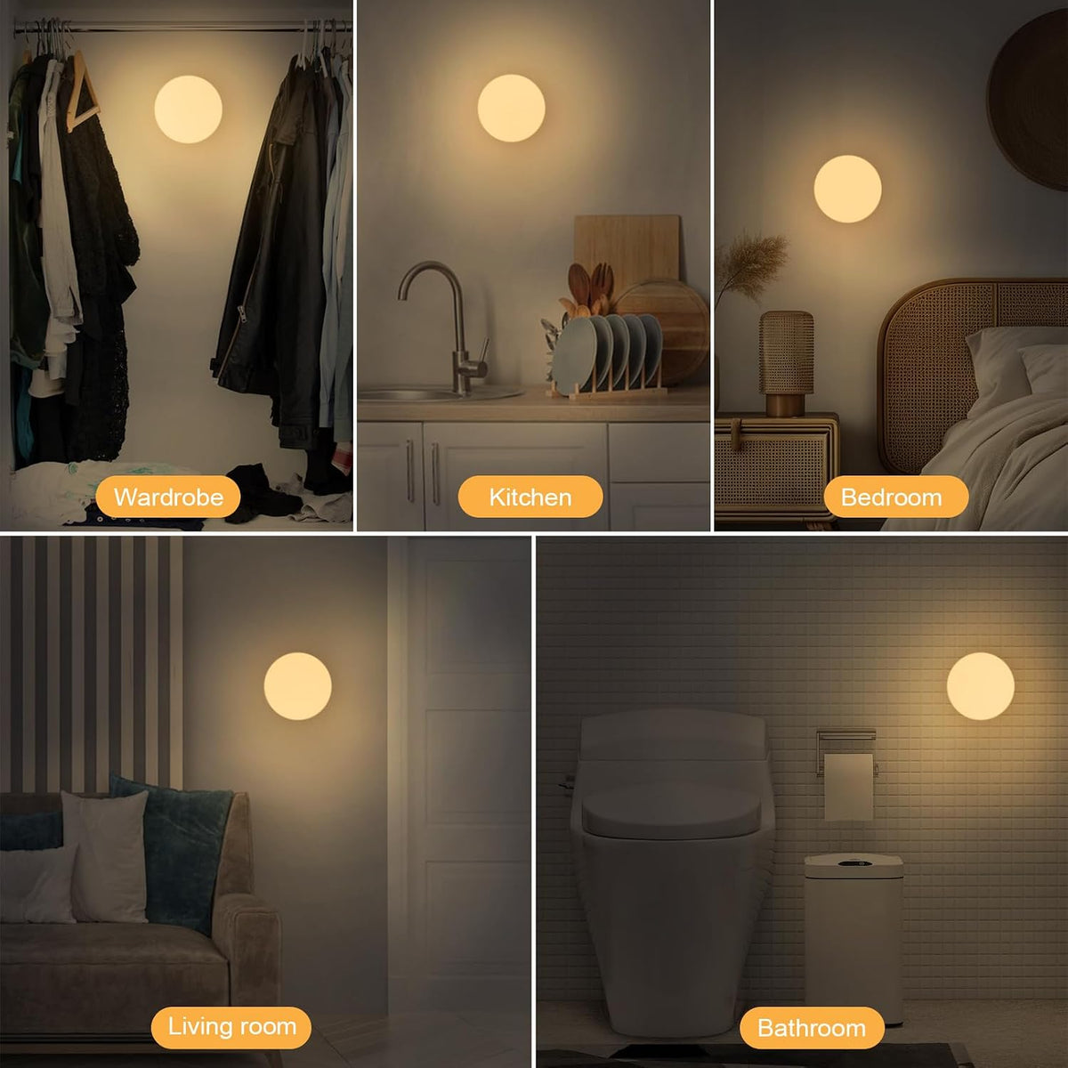 Jsdoin Motion Sensor Lights Indoor, Pack of 6 Wireless LED Rechargeable Magnetic Wall Sconces, USB Rechargeable, Staircase, Hallway, Kitchen, Under Cabinet Suction Cup Lights Warm and White