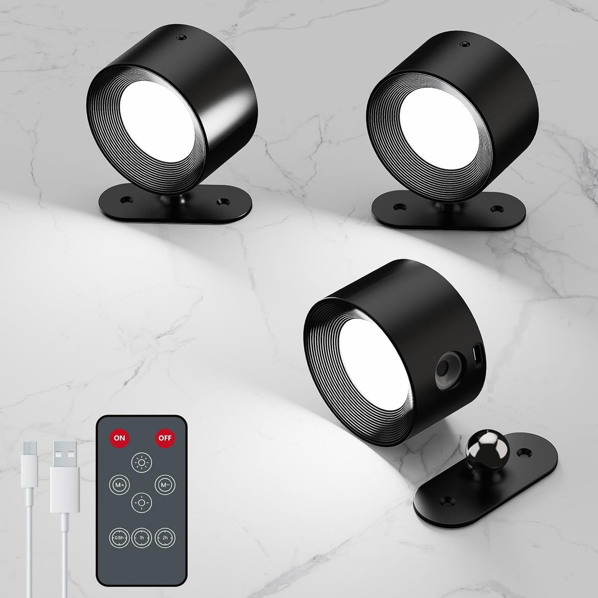 Coollamp LED Battery Operated Wall Lights, 3Pack Wall Lamp with Remote Control 3 Color Modes 3 Brightness Levels 360°Rotate Magnetic, Reading Lights for Living Room Bedroom Black