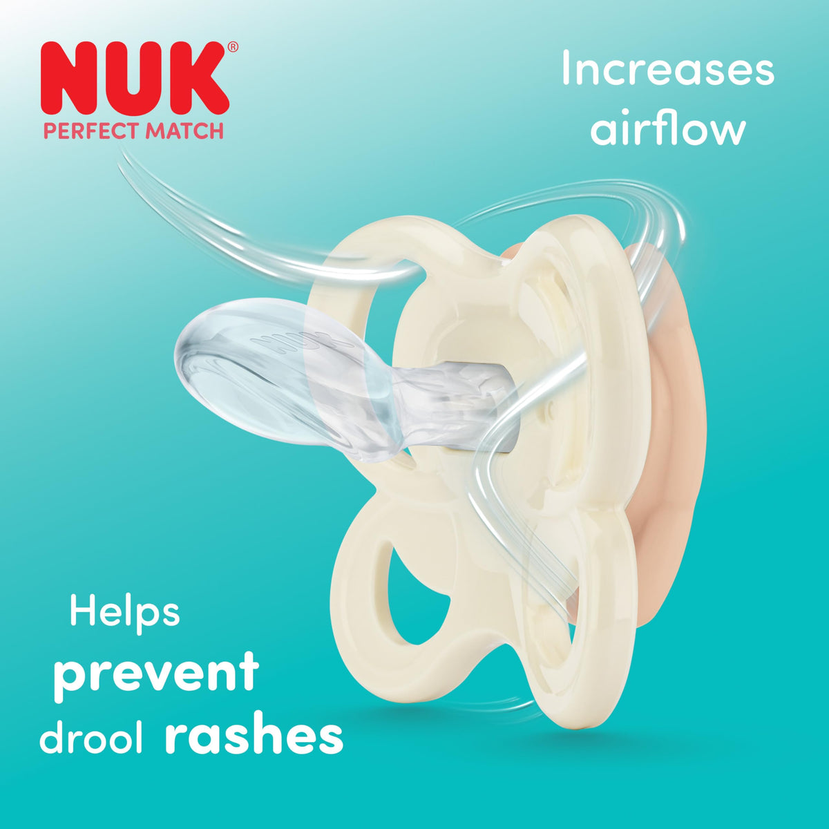 NUK Perfect Match Air Baby Dummies | 6-18 Months | Orthodontic Soothers that Promote Air Flow & Prevent Drool Rash | 95% Baby Acceptance** | Assorted | 4 Count