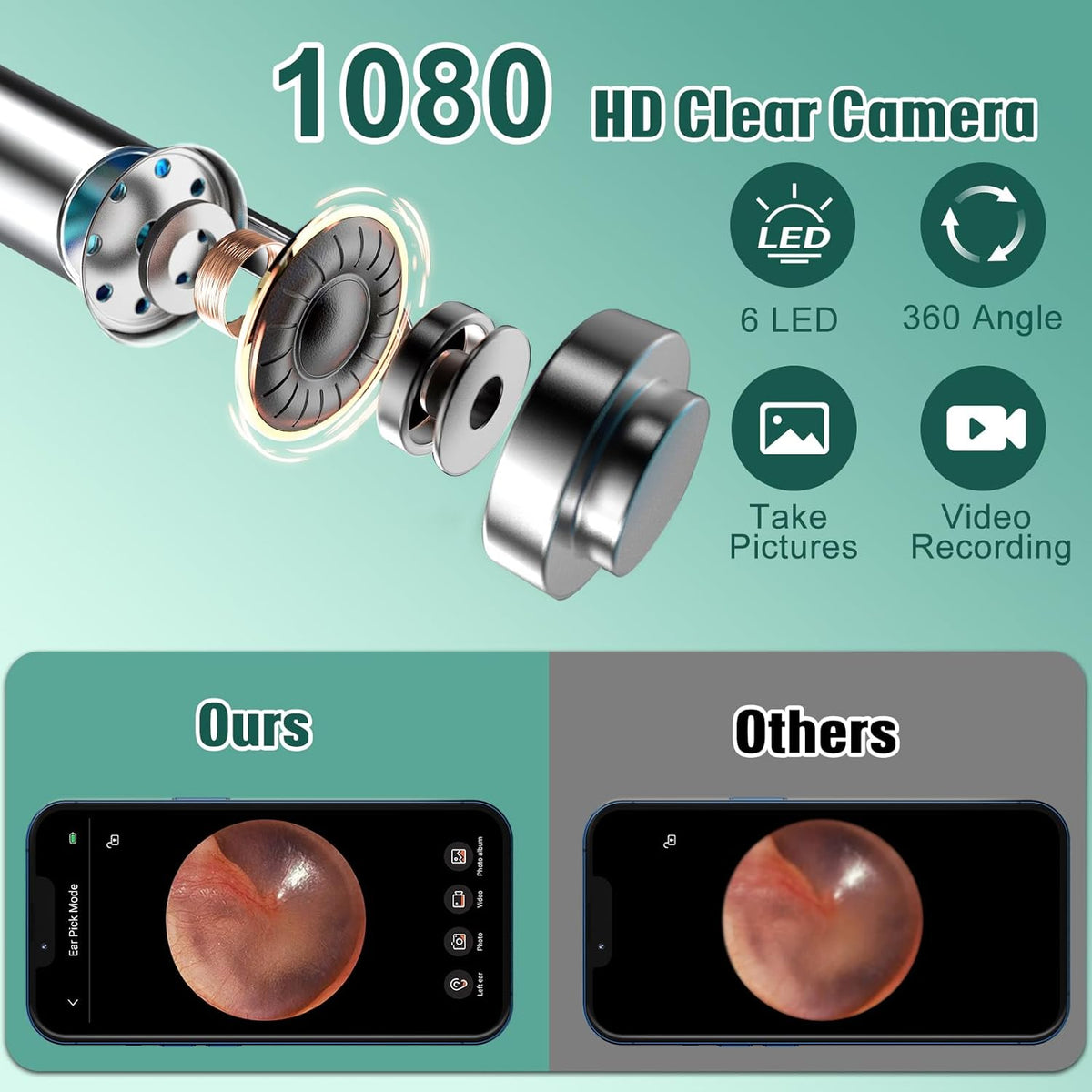 Ear Cleaner with Camera, Ear Wax Removal Kit with 1080P, Ear Camera Otoscope with LED Light, Ear Cleaning Kit for iPhone, iPad, Android Phones-White