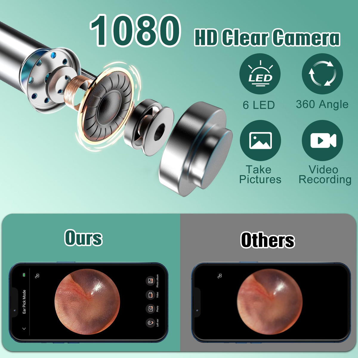 Ear Cleaner with Camera, Ear Wax Removal Kit with 1080P, Ear Camera Otoscope with LED Light, Ear Cleaning Kit for iPhone, iPad, Android Phones-White