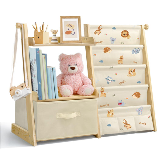Kids Bookshelf and Toy Storage, Montessori Wooden Children Bookcase and Toy Organizer, 4-tier Toddler Sling Book Shelf with a Large Storage Box for Nursery, Bedroom, Playroom (Terrazzo)