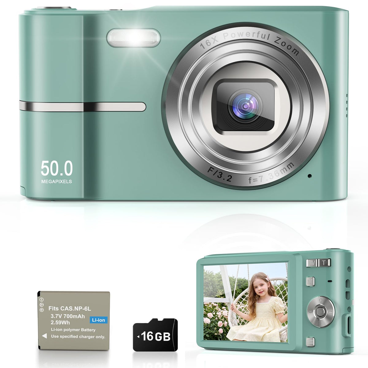 Digital Camera, 1080P FHD Vlogging Camera 50MP Compact Portable Photo Camera with 2.4" Screen, 16X Digital Zoom Mini Small Pocket Camera for Kids Students with 1 Battery, 16GB Card (Black)