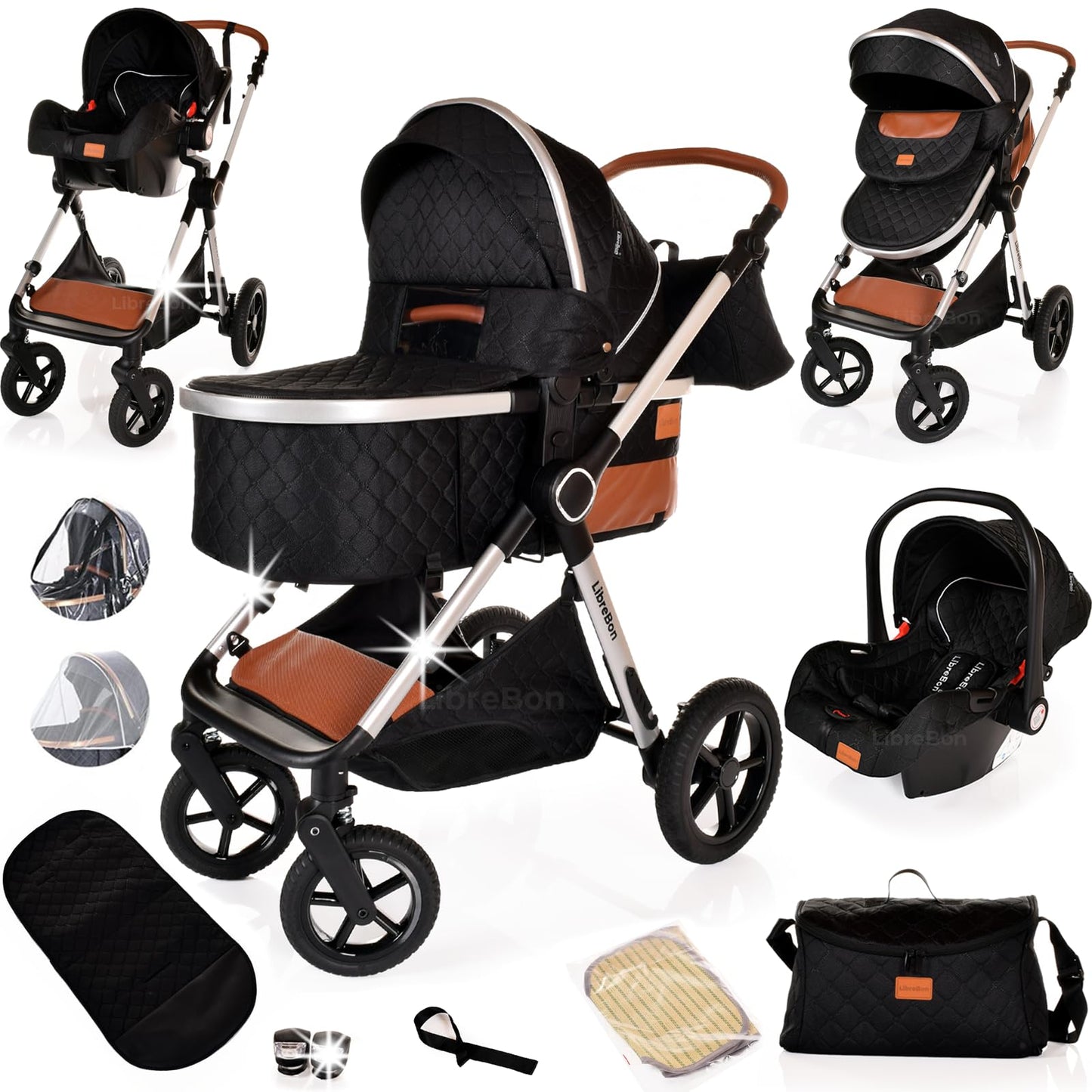 Baby Buggy Pram Pushchair Stroller 3 in 1 Child Lightweight Folding Stroller 3 in 1 Travel System Pram for Newborns & Toddlers from Birth Aluminum (Beige - Rose Gold Frame)