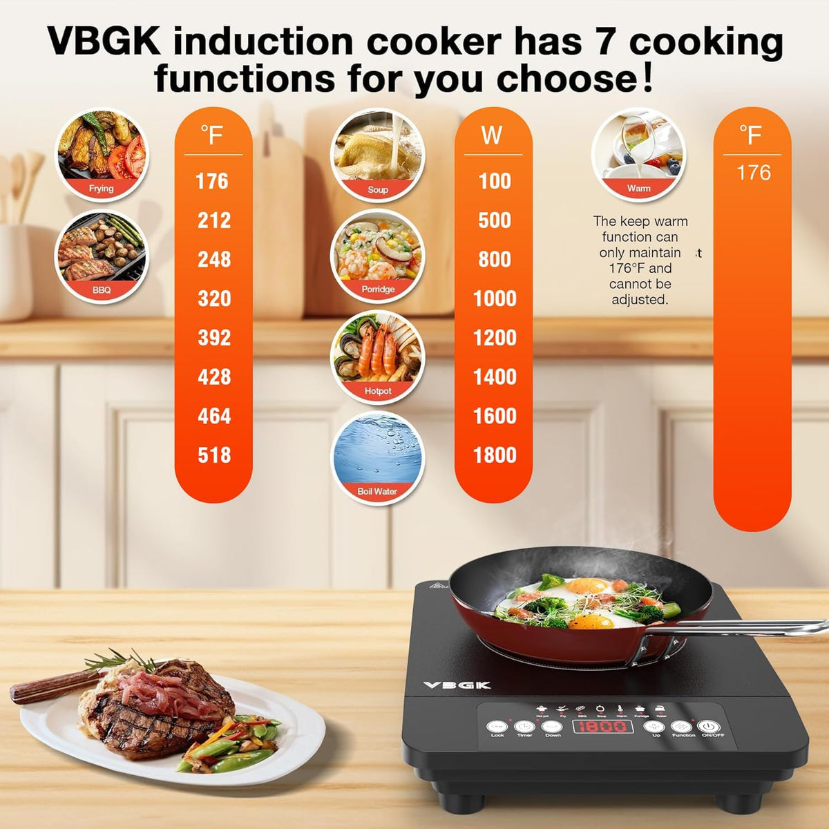 VBGK Double Electric Hob, 220V 3600W Ceramic Hob with Handle, Electric Hot Plate with 9 Power Levels, Child Safety Lock, Timer,Knob and Touch Control, 2 Burner Cooktop