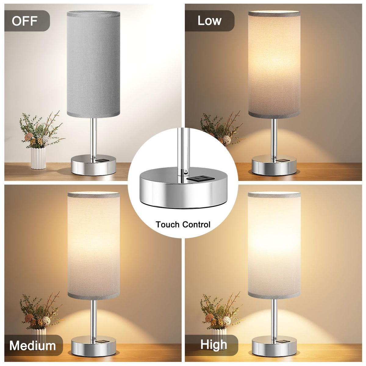 Aooshine Grey Table Lamp, 3-Way Dimmable, USB A + C Charging