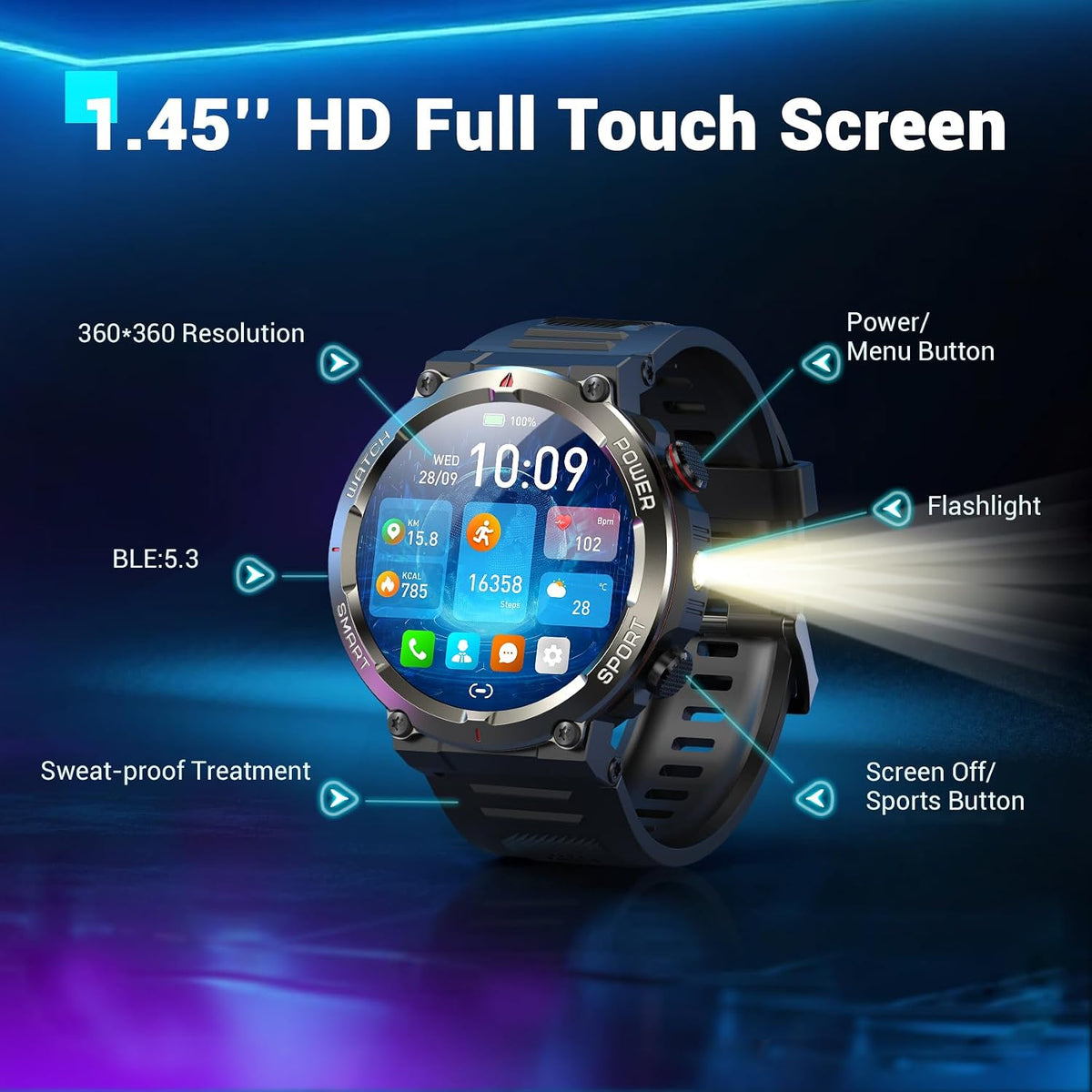Blackview Military Smart Watch for Men (Answer/Make Calls), 1.45" Fitness Tracker with 100-Day Battery/Flashlight/Compass/Heart Rate/SpO2/Sleep, 150+ Sports IP68 Waterproof Smartwatch for iOS Android