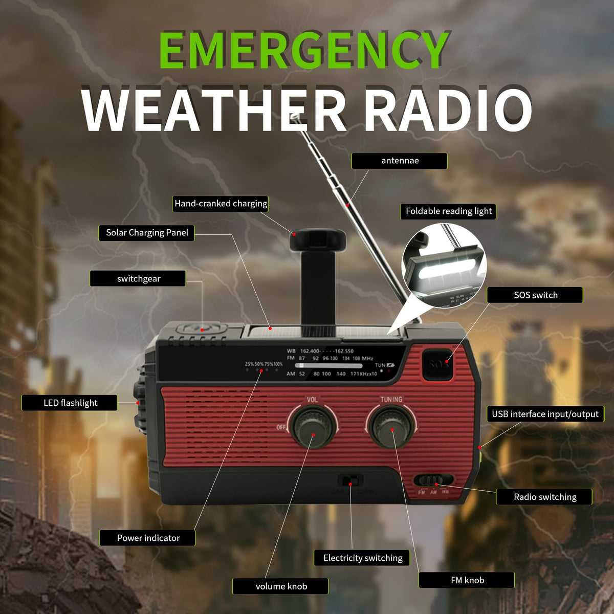SOLARBABY Wind Up Solar Radio, Emergency Hand Crank Self Powered AM/FM Survival Solar Weather Radio with LED Flashlight,SOS Alarm,2000mAh Emergency Power Bank for Smart Phone (M-Orange)