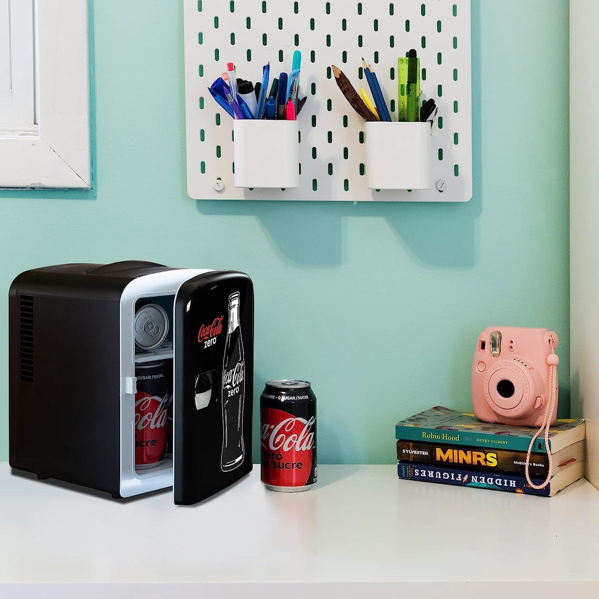 Coca Cola Coke Zero Mini Fridge For Bedrooms 4L Small 6 Can Table Top Quiet Mini Fridges For Skincare Office Food Drinks Kids Home Car & Travel 12V Portable Cooler Warmer Refrigerator (Black)