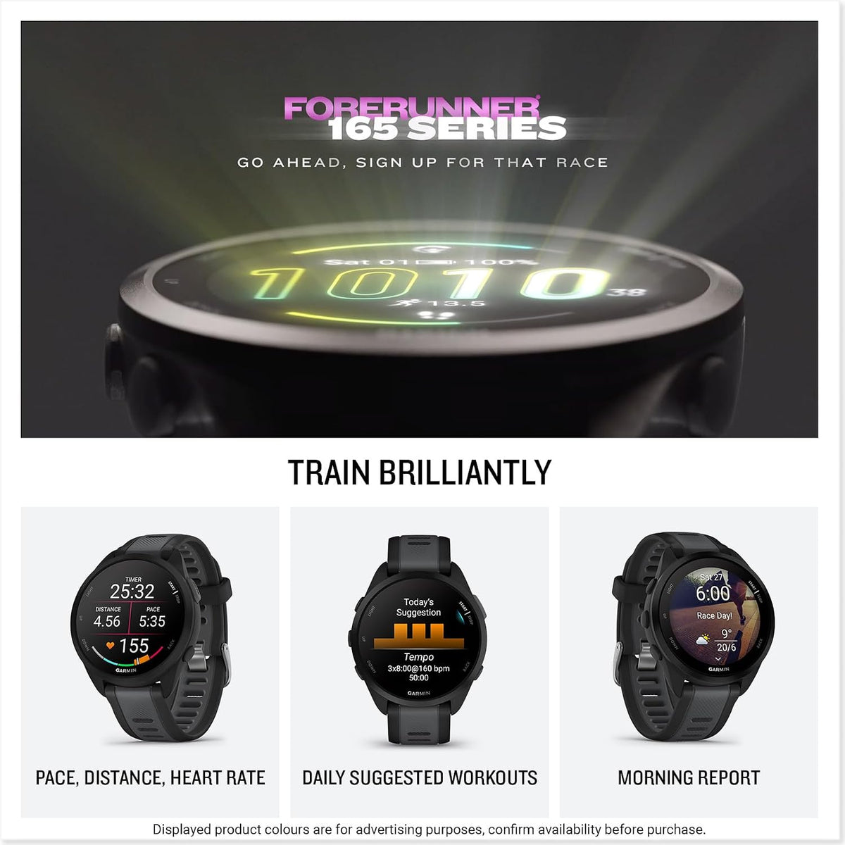 Garmin Forerunner 165, 43mm GPS running smartwatch, lightweight, AMOLED touchscreen, advanced training, insights & features, safety & tracking features, up to 11 days battery life, Black