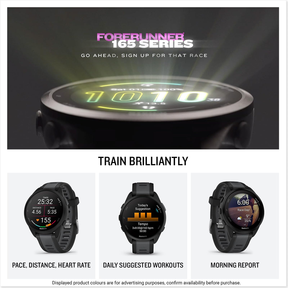 Garmin Forerunner 165, 43mm GPS running smartwatch, lightweight, AMOLED touchscreen, advanced training, insights & features, safety & tracking features, up to 11 days battery life, Black