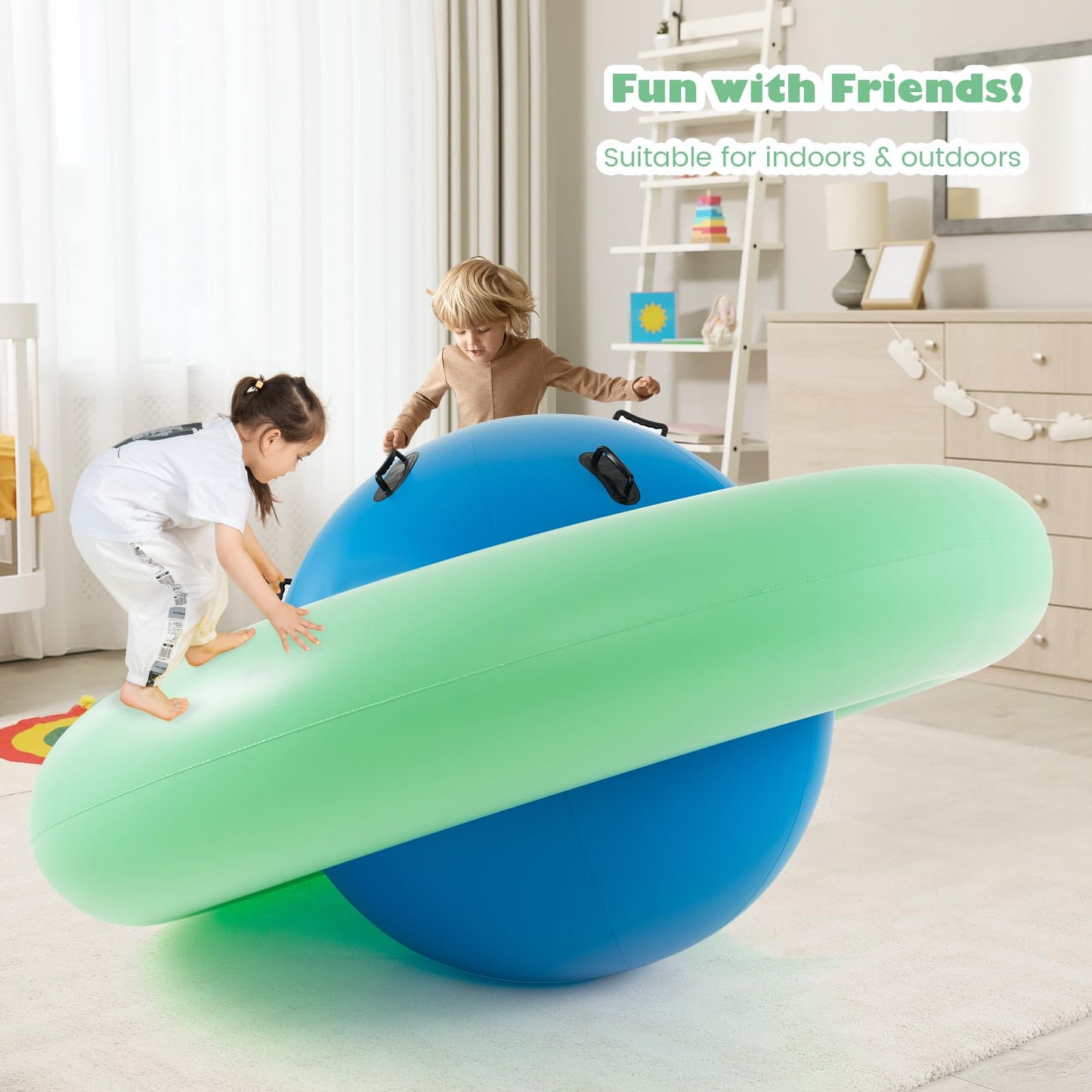 GYMAX 88'' Inflatable Dome Rocker Bouncer, Giant Inflatable Rocking Planet with 6 Handles, Indoor Outdoor Large Blow Up Rocking Ball for 5 Years Old+ Boys Girls, Max Weight 113kg (Pink+Green)