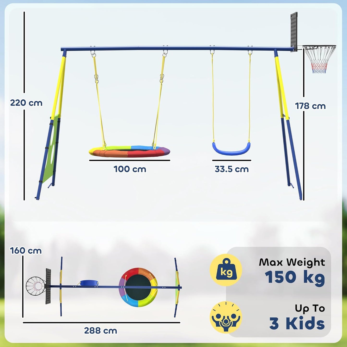 AIYAPLAY 4-in-1 Kids Swing Set with Saucer Swing, Basketball Hoop and Football Goal, Outdoor Playground Playset with Heavy-Duty Metal Frame for Garden, Ages 3-8, Multicolour