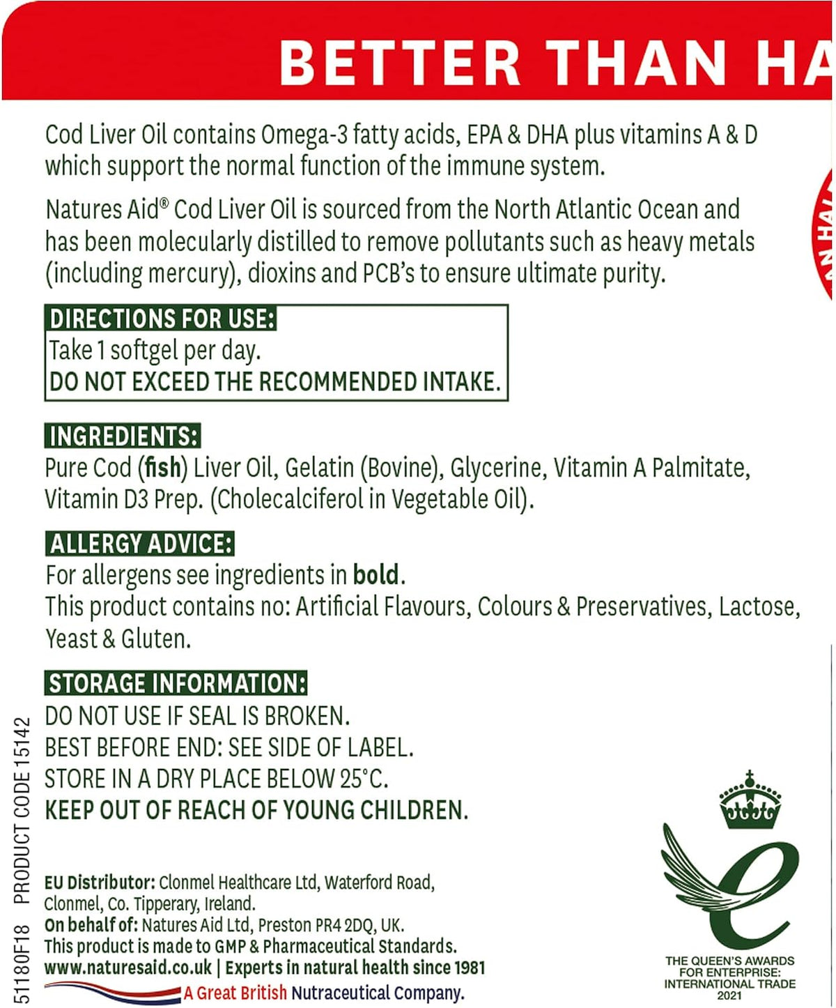 Natures Aid Cod Liver Oil 1000mg – 180 Capsules
