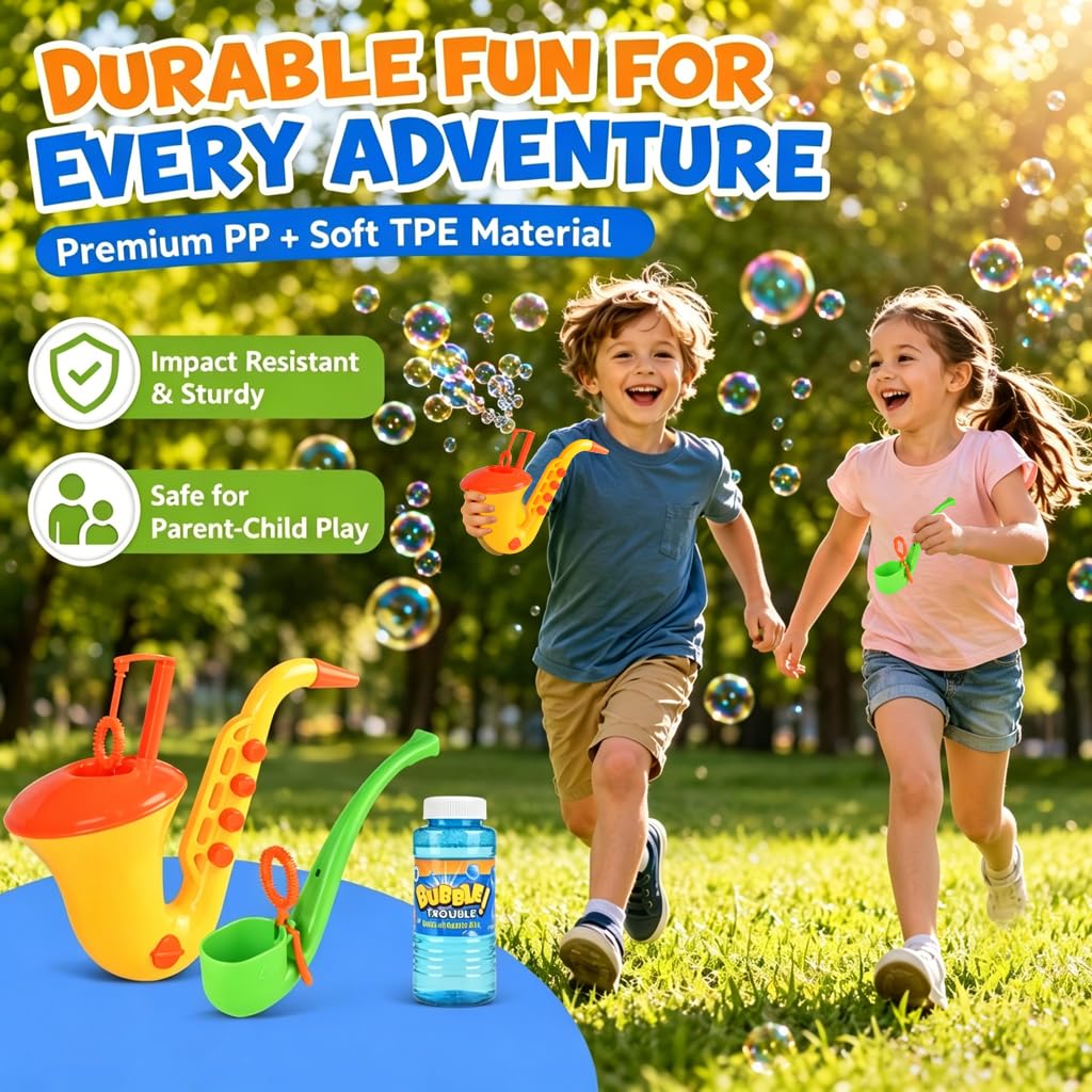 2Pcs Bubble Machine Toys Set, Saxophone Bubble Gun & Pipe Shaped Bubble Blower with Bubble Solution, Kids Outdoor Bubble Toys for Summer Party, Backyard Fun, Birthday Gifts, Reusable Bubble Makers