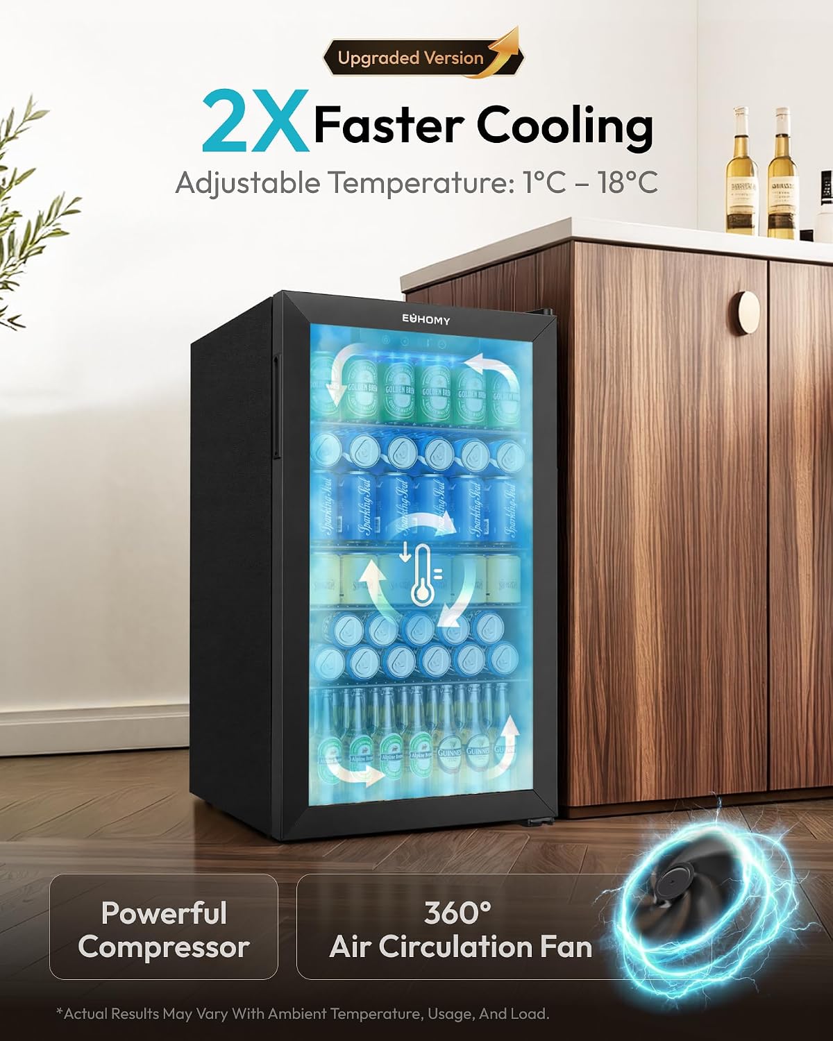 EUHOMY 93L Drinks Fridge, 126 Can Beer Fridge with Glass Door, Wine fridge with Adjustable Shelves for Soda Beer or Wine, Home/Bar/Office, Black, Steel, One-Touch Control [Energy Class F]