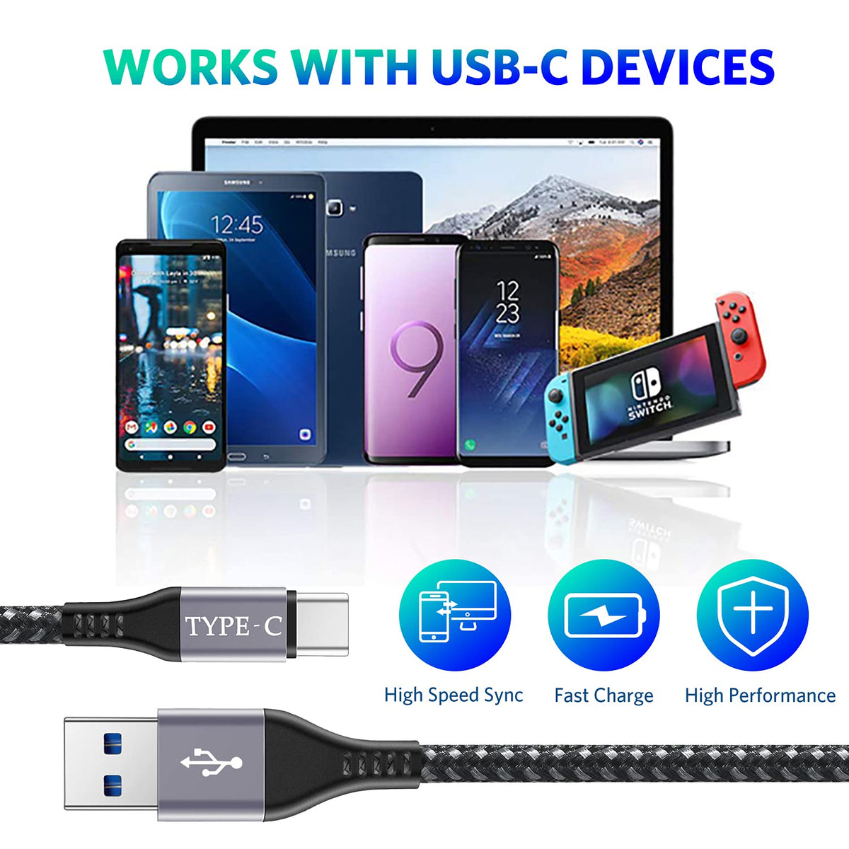 USB C Charger Cable 3M 3Pack,Extra Long USB to USB C Fast Charging Cable Braided,3A USB Type C Lead Fast Charge Compatible with Samsung Galaxy S21 S22 Plus S23 S20 S10,A54 A21s A20e,Xperia,PS5,Switch
