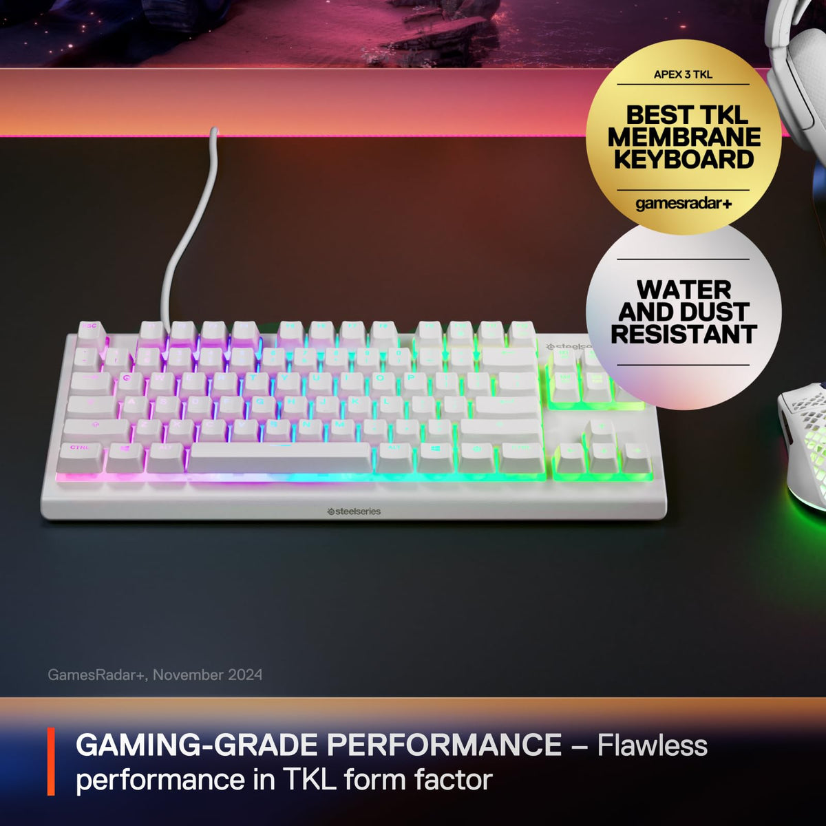 SteelSeries Apex 3 TKL Gaming Keyboard - Silent Keyboard, Tenkeyless PC Keyboard - 8-Zone RGB Illumination - IP32 Water & Dust Resistant - English QWERTY Layout, Black