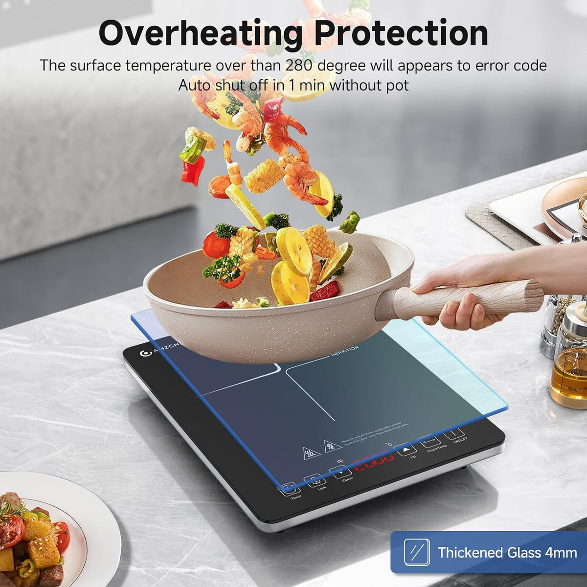 AMZCHEF Single Induction Cooker, Ultra-thin Induction Hob with Fashion Look, 20-level Power and Temperature Control, Black Frosted Glass Panel, Touch Sensor, 3-hour Timer, Safety Lock