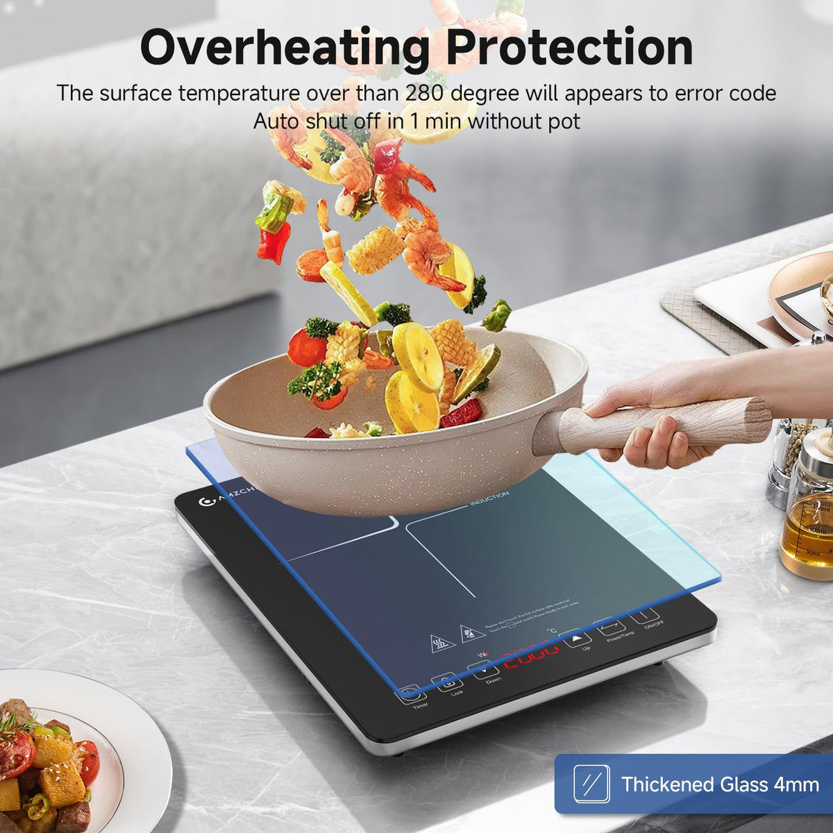AMZCHEF Single Induction Cooker, Ultra-thin Induction Hob with Fashion Look, 20-level Power and Temperature Control, Black Frosted Glass Panel, Touch Sensor, 3-hour Timer, Safety Lock